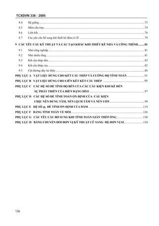 TCXDVN 338 : 2005
136
8.4 Hệ giằng .........................................................................................................................................73
8.5 Dầm cầu trục...................................................................................................................................74
8.6 Liên kết...........................................................................................................................................76
8.7 Các yêu cầu bổ sung khi thiết kế dầm có lỗ .....................................................................................79
9 CÁC YÊU CẦU KỸ THUẬT VÀ CẤU TẠO KHÁC KHI THIẾT KẾ NHÀ VÀ CÔNG TRÌNH.........81
9.1 Nhà công nghiệp .............................................................................................................................81
9.2 Nhà nhiều tầng................................................................................................................................81
9.3 Kết cấu thép tấm.............................................................................................................................82
9.4 Kết cấu tháp, trụ..............................................................................................................................82
9.5 Cột đường dây tải điện....................................................................................................................86
PHỤ LỤC A VẬT LIỆU DÙNG CHO KẾT CẤU THÉP VÀ CƯỜNG ĐỘ TÍNH TOÁN.......................91
PHỤ LỤC B VẬT LIỆU DÙNG CHO LIÊN KẾT KẾT CẤU THÉP ..................................................... 95
PHỤ LỤC C CÁC HỆ SỐ ĐỂ TÍNH ĐỘ BỀN CỦA CÁC CẤU KIỆN KHI KỂ ĐẾN
SỰ PHÁT TRIỂN CỦA BIẾN DẠNG DẺO ........................................................................97
PHỤ LỤC D CÁC HỆ SỐ ĐỂ TÍNH TOÁN ỔN ĐỊNH CỦA CẤU KIỆN
CHỊU NÉN ĐÚNG TÂM, NÉN LỆCH TÂM VÀ NÉN UỐN .............................................99
PHỤ LỤC E HỆ SỐ b ĐỂ TÍNH ỔN ĐỊNH CỦA DẦM .......................................................................119
PHỤ LỤC F BẢNG TÍNH TOÁN VỀ MỎI..............................................................................................126
PHỤ LỤC G CÁC YÊU CẦU BỔ SUNG KHI TÍNH TOÁN GIÀN THÉP ỐNG ..................................130
PHỤ LỤC H BẢNG CHUYỂN ĐỔI ĐƠN VỊ KỸ THUẬT CŨ SANG HỆ ĐƠN VỊ SI.........................134
 