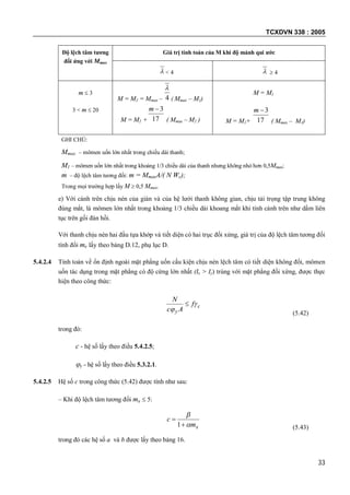 TCXDVN 338 : 2005
33
Độ lệch tâm tương
đối ứng với Mmax
Giá trị tính toán của M khi độ mảnh qui ước
 < 4   4
m  3
3 < m  20
M = M2 = Mmax – 4

( Mmax – M1)
M = M2 + 17
3m
( Mmax – M2 )
M = M1
M = M1+ 17
3m
( Mmax – M1)
GHI CHÚ:
Mmax – mômen uốn lớn nhất trong chiều dài thanh;
M1 – mômen uốn lớn nhất trong khoảng 1/3 chiều dài của thanh nhưng không nhỏ hơn 0,5Mmax;
m – độ lệch tâm tương đối: m = MmaxA/( N Wc);
Trong mọi trường hợp lấy M  0,5 Mmax.
e) Với cánh trên chịu nén của giàn và của hệ lưới thanh không gian, chịu tải trọng tập trung không
đúng mắt, là mômen lớn nhất trong khoảng 1/3 chiều dài khoang mắt khi tính cánh trên như dầm liên
tục trên gối đàn hồi.
Với thanh chịu nén hai đầu tựa khớp và tiết diện có hai trục đối xứng, giá trị của độ lệch tâm tương đối
tính đổi me lấy theo bảng D.12, phụ lục D.
5.4.2.4 Tính toán về ổn định ngoài mặt phẳng uốn cấu kiện chịu nén lệch tâm có tiết diện không đổi, mômen
uốn tác dụng trong mặt phẳng có độ cứng lớn nhất (Ix > Iy) trùng với mặt phẳng đối xứng, được thực
hiện theo công thức:
c
y
f
Ac
N



(5.42)
trong đó:
c - hệ số lấy theo điều 5.4.2.5;
y - hệ số lấy theo điều 5.3.2.1.
5.4.2.5 Hệ số c trong công thức (5.42) được tính như sau:
– Khi độ lệch tâm tương đối mx  5:
xm
c




1 (5.43)
trong đó các hệ số a và b được lấy theo bảng 16.
 