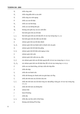 TCXDVN 338 : 2005
6
bf chiều rộng cánh
bo chiều rộng phần nhô ra của cánh
bs chiều rộng của sườn ngang
h chiều cao của tiết diện
hw chiều cao của bản bụng
hf chiều cao của đường hàn góc
hfk khoảng cách giữa trục của các cánh dầm
i bán kính quán tính của tiết diện
ix, iy bán kính quán tính của tiết diện đối với các trục tương ứng x-x, y-y
imin bán kính quán tính nhỏ nhất của tiết diện
If mômen quán tính của tiết diện nhánh
Im, Id mômen quán tính của thanh cánh và thanh xiên của giàn
Ib mômen quán tính tiết diện bản giằng
Is, Isl mômen quán tính tiết diện sườn ngang và dọc
It mômen quán tính xoắn
Itr mômen quán tính xoắn của ray, dầm
Ix, Iy các mômen quán tính của tiết diện nguyên đối với các trục tương ứng x-x và y-y
Inx, Iny các mômen quán tính của tiết diện thực đối với các trục tương ứng x-x và y-y
L chiều cao của thanh đứng, cột hoặc chiều dài nhịp dầm
l chiều dài nhịp
ld chiều dài của thanh xiên
lm chiều dài khoang các thanh cánh của giàn hoặc cột rỗng
lo chiều dài tính toán của cấu kiên chịu nén
lx, ly chiều dài tính toán của cấu kiện trong các mặt phẳng vuông góc với các trục tương ứng
x-x, y-y
lw chiều dài tính toán của đường hàn
S mômen tĩnh
s bước lỗ bulông
t chiều dày
tf , tw chiều dày của bản cánh và bản bụng
u khoảng cách đường lỗ bu lông
 