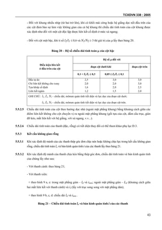 TCXDVN 338 : 2005
43
- Đối với khung nhiều nhịp (từ hai trở lên), khi có khối mái cứng hoặc hệ giằng dọc nối đầu trên của
các cột đảm bảo sự làm việc không gian của cả hệ khung thì chiều dài tính toán của cột khung được
xác định như đối với một cột độc lập được liên kết cố định ở mức xà ngang;
- Đối với cột một bậc, khi tỉ số l2/l1  0,6 và N1/N2  3 thì giá trị của  lấy theo bảng 20.
Bảng 20 – Hệ số chiều dài tính toán  của cột bậc
Điều kiện liên kết
ở đầu trên của cột
Hệ số  đối với
đoạn cột dưới khi đoạn cột trên
0,1 < I2/I1  0,3 0,05  I2/I1  0,1
Đầu tự do
Chỉ liên kết không cho xoay
Tựa khớp cố định
Liên kết ngàm
2,5
2,0
1,6
1,2
3,0
2,0
2,0
1,5
3,0
3,0
2,5
2,0
GHI CHÚ: l1, I1, N1 – chiều dài, mômen quán tính tiết diện và lực dọc của đoạn cột duới;
l2, I2, N2 – chiều dài, mômen quán tính tiết diện và lực dọc của đoạn cột trên.
5.5.2.5 Chiều dài tính toán của cột theo hướng dọc nhà (ngoài mặt phẳng khung) bằng khoảng cách giữa các
điểm liên kết không cho cột chuyển vị ra ngoài mặt phẳng khung (gối tựa của cột, dầm cầu trục, giàn
đỡ kèo, mắt liên kết với hệ giằng, với xà ngang, v.v...).
5.5.2.6 Chiều dài tính toán của thanh (đặc, rỗng) có tiết diện thay đổi có thể tham khảo phụ lục D.3.
5.5.3 Kết cấu không gian rỗng
5.5.3.1 Khi xác định độ mảnh của các thanh thép góc đơn chịu nén hoặc không chịu lực trong kết cấu không gian
rỗng, chiều dài tính toán lo và bán kính quán tính i của các thanh lấy theo bảng 21.
5.5.3.2 Khi xác định độ mảnh của thanh chịu kéo bằng thép góc đơn, chiều dài tính toán và bán kính quán tính
của chúng lấy như sau:
- Với thanh cánh: theo bảng 21;
- Với thanh xiên:
+ theo hình 9 a, e: trong mặt phẳng giàn – ld và imin; ngoài mặt phẳng giàn – Ld (khoảng cách giữa
hai mắt liên kết với thanh cánh) và ix (lấy với trục song song với mặt phẳng dàn);
+ theo hình 9 b, c, d: chiều dài ld và imin .
Bảng 21 – Chiều dài tính toán lo và bán kính quán tính i của các thanh
 