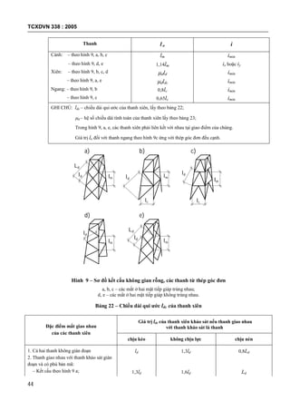 TCXDVN 338 : 2005
44
Thanh l o i
Cánh: – theo hình 9, a, b, c lm imin
– theo hình 9, d, e 1,14lm ix hoặc iy
Xiên: – theo hình 9, b, c, d dld imin
– theo hình 9, a, e dldc imin
Ngang: – theo hình 9, b 0,8lc imin
– theo hình 9, c 0,65lc imin
GHI CHÚ: ldc – chiều dài qui ước của thanh xiên, lấy theo bảng 22;
d – hệ số chiều dài tính toán của thanh xiên lấy theo bảng 23;
Trong hình 9, a, e, các thanh xiên phải liên kết với nhau tại giao điểm của chúng.
Giá trị lo đối với thanh ngang theo hình 9c ứng với thép góc đơn đều cạnh.
ld
Ld
ld
Ld
lmlm
lm
ld
lmld
lc lc
lm
ld
a) b) c)
d) e)
Hình 9 – Sơ đồ kết cấu không gian rỗng, các thanh từ thép góc đơn
a, b, c – các mắt ở hai mặt tiếp giáp trùng nhau;
d, e – các mắt ở hai mặt tiếp giáp không trùng nhau.
Bảng 22 – Chiều dài qui ước ldc của thanh xiên
Đặc điểm mắt giao nhau
của các thanh xiên
Giá trị ldc của thanh xiên khảo sát nếu thanh giao nhau
với thanh khảo sát là thanh
chịu kéo không chịu lực chịu nén
1. Cả hai thanh không gián đoạn
2. Thanh giao nhau với thanh khảo sát gián
đoạn và có phủ bản mã:
– Kết cấu theo hình 9 a;
ld
1,3ld
1,3ld
1,6ld
0,8Ld
Ld
 