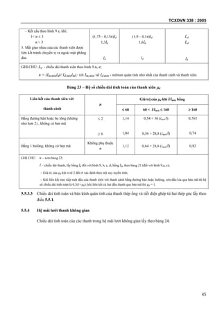 TCXDVN 338 : 2005
45
– Kết cấu theo hình 9 e, khi:
1< n  3
n > 3
3. Mắt giao nhau của các thanh xiên được
liên kết tránh chuyển vị ra ngoài mặt phẳng
dàn
(1,75 – 0,15n)ld
1,3ld
ld
(1,9 – 0,1n)ld
1,6ld
ld
Ld
Ld
ld
GHI CHÚ: Ld - chiều dài thanh xiên theo hình 9 a, e;
n = (Im,minld)/ Id,minlm); với Im,min và Id,min - mômen quán tính nhỏ nhất của thanh cánh và thanh xiên.
Bảng 23 – Hệ số chiều dài tính toán của thanh xiên d
Liên kết của thanh xiên với
thanh cánh
n
Giá trị của d khi l/imin bằng
 60 60 < l/imin  160  160
Bằng đường hàn hoặc bu lông (không
nhỏ hơn 2) , không có bản mã
 2
 6
1,14
1,04
0,54 + 36 (imin/l)
0,56 + 28,8 (imin/l)
0,765
0,74
Bằng 1 bulông, không có bản mã
Không phụ thuộc
n
1,12 0,64 + 28,8 (imin/l) 0,82
GHI CHÚ: n – xem bảng 22;
l – chiều dài thanh, lấy bằng ld đối với hình 9, b, c, d; bằng ldc theo bảng 21 (đối với hình 9,a, e);
– Giá trị của d khi n từ 2 đến 6 xác định theo nội suy tuyến tính;
– Khi liên kết trực tiếp một đầu của thanh xiên với thanh cánh bằng đường hàn hoặc bulông, còn đầu kia qua bản mã thì hệ
số chiều dài tính toán là 0,5(1+d); khi liên kết cả hai đầu thanh qua bản mã thì d = 1.
5.5.3.3 Chiều dài tính toán và bán kính quán tính của thanh thép ống và tiết diện ghép từ hai thép góc lấy theo
điều 5.5.1.
5.5.4 Hệ mái lưới thanh không gian
Chiều dài tính toán của các thanh trong hệ mái lưới không gian lấy theo bảng 24.
 