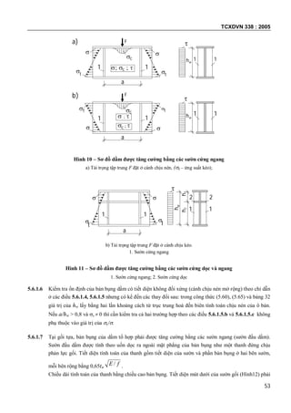 TCXDVN 338 : 2005
53
Hình 10 – Sơ đồ dầm được tăng cường bằng các sườn cứng ngang
a) Tải trọng tập trung F đặt ở cánh chịu nén, (t – ứng suất kéo);
b) Tải trọng tập trung F đặt ở cánh chịu kéo.
1. Sườn cứng ngang
Hình 11 – Sơ đồ dầm được tăng cường bằng các sườn cứng dọc và ngang
1. Sườn cứng ngang; 2. Sườn cứng dọc
5.6.1.6 Kiểm tra ổn định của bản bụng dầm có tiết diện không đối xứng (cánh chịu nén mở rộng) theo chỉ dẫn
ở các điều 5.6.1.4, 5.6.1.5 nhưng có kể đến các thay đổi sau: trong công thức (5.60), (5.65) và bảng 32
giá trị của hw lấy bằng hai lần khoảng cách từ trục trung hoà đến biên tính toán chịu nén của ô bản.
Nếu a/hw > 0,8 và c  0 thì cần kiểm tra cả hai trường hợp theo các điều 5.6.1.5.b và 5.6.1.5.c không
phụ thuộc vào giá trị của c/.
5.6.1.7 Tại gối tựa, bản bụng của dầm tổ hợp phải được tăng cường bằng các sườn ngang (sườn đầu dầm).
Sườn đầu dầm được tính theo uốn dọc ra ngoài mặt phẳng của bản bụng như một thanh đứng chịu
phản lực gối. Tiết diện tính toán của thanh gồm tiết diện của sườn và phần bản bụng ở hai bên sườn,
mỗi bên rộng bằng 0,65tw
fE / .
Chiều dài tính toán của thanh bằng chiều cao bản bụng. Tiết diện mút dưới của sườn gối (Hình12) phải
a
hw
hw
a
F
c
tt c 11
 
11


1 1
F

 c
11
t t


c
a)
b)
a
hw


t

t
11

2
h2h1
11
2
 