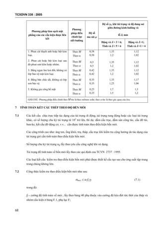 TCXDVN 338 : 2005
68
Phương pháp làm sạch mặt
phẳng của các cấu kiện được liên
kết
Phương
pháp điều
chỉnh lực
xiết bulông
Hệ số
ma sát 
Hệ số b2 khi tải trọng và độ dung sai
giữa đường kính bulông và
lỗ , mm
Động và  = 3 6;
Tĩnh và  = 5 6
Động và  =1;
Tĩnh và  =1 4
1. Phun cát thạch anh hoặc bột kim
loại.
Theo M
Theo 
0,58
0,58
1,35
1,2
1,12
1,02
2. Phun cát hoặc bột kim loại sau
đó phun sơn kẽm hoặc nhôm.
Theo M
Theo 
0,5
0,5
1,35
1,2
1,12
1,02
3. Bằng ngọn lửa hơi đốt, không có
lớp bảo vệ mặt kim loại.
Theo M
Theo 
0,42
0,42
1,35
1,2
1,12
1,02
4. Bằng bàn chải sắt, không có lớp
sơn bảo vệ.
Theo M
Theo 
0,35
0,35
1,35
1,25
1,17
1,06
5. Không gia công bề mặt Theo M
Theo 
0,25
0,25
1,7
1,5
1,3
1,2
GHI CHÚ: Phương pháp điều chỉnh theo M tức là theo mômen xoắn; theo  tức là theo góc quay của êcu.
7 TÍNH TOÁN KẾT CẤU THÉP THEO ĐỘ BỀN MỎI
7.1 Các kết cấu chịu trực tiếp tác dụng của tải trọng di động, tải trọng rung động hoặc các loại tải trọng
khác, có số lượng chu kỳ tải trọng từ 105
trở lên, thí dụ: dầm cầu trục, dầm sàn công tác, cầu đỡ tải,
bun-ke, kết cấu đỡ động cơ, v.v... cần được tính toán theo điều kiện bền mỏi.
Các công trình cao như: ăng ten, ống khói, trụ, tháp, cầu trục khi kiểm tra cộng hưởng do tác dụng của
tải trọng gió cần tính toán theo điều kiện bền mỏi.
Số lượng chu kỳ tải trọng nQ lấy theo yêu cầu công nghệ khi sử dụng.
Tải trọng để tính toán về bền mỏi lấy theo các qui định của TCVN 2737 : 1995.
Các loại kết cấu kiểm tra theo điều kiện bền mỏi phải được thiết kế cấu tạo sao cho ứng suất tập trung
trong chúng không lớn.
7.2 Công thức kiểm tra theo điều kiện bền mỏi như sau:
max   ff f (7.1)
trong đó:
ff - cường độ tính toán về mỏi , lấy theo bảng 40 phụ thuộc vào cường độ kéo đứt tức thời của thép và
nhóm cấu kiện ở bảng F.1, phụ lục F;
 