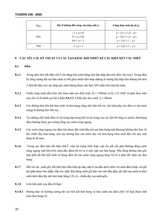 TCXDVN 338 : 2005
70
max Hệ số không đối xứng của ứng suất  Công thức tính hệ số f
Kéo
- 1    0
0 <   0,8
0,8 <  < 1
f = 2,5 / ( 1,5 –  )
f = 2,0 / ( 1,2 –  )
f = 1,0 / ( 1 –  )
Nén -1   < 1 f = 2,0 / ( 1 –  )
8 CÁC YÊU CẦU KỸ THUẬT VÀ CẤU TẠO KHÁC KHI THIẾT KẾ CẤU KIỆN KẾT CẤU THÉP
8.1 Dầm
8.1.1 Trong dầm hàn tiết diện chữ I chỉ dùng bản cánh bằng một lớp thép tấm (trừ dầm cầu trục). Trong dầm
bu lông cường độ cao bản cánh có thể gồm nhiều tấm thép nhưng số lượng lớp thép tấm không lớn hơn
3. Khi đó diện tích các thép góc cánh không được nhỏ hơn 30% diện tích toàn bộ cánh.
8.1.2 Chiều rộng cánh dầm hàn nên thoả mãn các điều kiện: bf  180mm và bf  (1/10)h và phải thoả mãn
yêu cầu về ổn định cục bộ ở điều 5.6.3.2. Chiều dày bản cánh tf  40mm .
8.1.3 Các đường hàn liên kết bản cánh và bản bụng cũng như liên kết các cấu kiện phụ vào dầm (ví dụ sườn
cứng) là đường hàn liên tục .
8.1.4 Tại những chỗ cánh dầm có tải trọng tập trung (kể cả tải trọng của các tấm bê tông có sườn), bản bụng
dầm thường được gia cường bằng các sườn cứng ngang.
8.1.5 Các sườn cứng ngang của dầm hàn được đặt cách đầu nối của bản bụng một khoảng không nhỏ hơn 10
lần chiều dày bản bụng, còn các đường hàn của sườn dọc với bản bụng nằm cách đầu nối này một
đoạn là 40 mm.
8.1.6 Trong các dầm hàn tiết diện chữ I chịu tải trọng tĩnh, hoặc của các kết cấu phụ thường dùng sườn
cứng ngang một bên (trừ sườn đầu dầm) bố trí cả ở một mặt của bản bụng. Nếu dùng đường hàn góc
một phía để liên kết cánh và bụng dầm thì các sườn cứng ngang được bố trí ở phía đối diện các bản
bụng.
8.1.7 Đối với các sườn gối, khi tính theo điều kiện ép mặt, mặt tì của đầu dưới sườn với cánh dầm (hoặc với gối
kê) phải được bào nhẵn, tiếp xúc chặt. Khi dùng sườn gối hàn vào mút đầu dầm, độ nhô của sườn ra khỏi
cánh dưới dầm lấy nhỏ hơn hoặc bằng 1,5ts (ts - chiều dày của sườn gối).
8.1.8 Liên kết cánh của dầm tổ hợp:
8.1.8.1 Đường hàn và bulông cường độ cao liên kết bản bụng và bản cánh của dầm chữ I tổ hợp được tính
toán theo bảng 42.
 