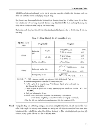 TCXDVN 338 : 2005
71
Khi không có các sườn cứng để truyền các tải trọng tập trung lớn cố định, việc tính toán cánh trên
được tiến hành như đối với tải trọng tập trung di động.
Khi đặt tải trọng tập trung cố định lên cánh dưới của dầm thì đường hàn và bulông cường độ cao dùng
liên kết cánh này với bản bụng được tính theo các công thức từ (8.6) đến (8.8) của bảng 42, không phụ
thuộc vào sự có mặt của sườn cứng tại chỗ đặt tải trọng.
Đường hàn cánh được hàn thấu hết toàn bộ chiều dày của bản bụng coi như có độ bền bằng độ bền của
bản bụng.
Bảng 42 – Công thức tính liên kết trong dầm tổ hợp
Đặc điểm của tải
trọng
Dạng liên kết Công thức
Cố định
Đường hàn
góc:
hai phía
T/ (2f hf)  fwf gc (8.1)
T/ (2s hf)  fws gc (8.2)
một phía
T/ (f hf)  fwf gc (8.3)
T/ (s hf)  fws gc (8.4)
Bu lông cường độ cao aT  nf [N]b gc (8.5)
Di động
Đường hàn góc hai phía
/VT P
22
 (2f hf)  fwf gc (8.6)
/VT P
22
 (2s hf)  fws gc (8.7)
Bulông cường độ cao 22
PVTa   nf [N]b gc (8.8)
GHI CHÚ: T = VS/If – lực trượt của cánh trên một đơn vị chiều dài do lực cắt V gây ra;
S – mômen tĩnh nguyên của cánh dầm đối với trục trung hoà;
VP = P/lz – áp lực do tải trọng tập trung P (với dầm cầu chạy là áp lực bánh xe cầu trục
khi không kể đến hệ số động);
lz – chiều dài phân bố qui ước của tải trọng tập trung lấy theo chỉ dẫn của các điều 5.2.1.3 và
điều 8.5.6;
a – bước của bulông cường độ cao;
 – hệ số,  = 0,4 khi tải trọng đặt ở cánh trên và bản bụng tì sát cánh trên;
 = 1,0 khi bản bụng không tì sát cánh trên và khi tải trọng đặt ở cánh dưới;
[N]b – lực tính toán của bulông cường độ cao, được tính theo công thức (6.13).
8.1.8.2 Trong dầm dùng liên kết bulông cường độ cao có bản cánh ghép nhiều tấm, liên kết của mỗi tấm ở sau
điểm cắt lý thuyết của nó được tính với một nửa nội lực mà tiết diện của tấm có thể chịu được. Liên
kết của mỗi tấm ở trên khoảng giữa điểm cắt thực tế của nó và điểm cắt đứt của tấm trước được tính
với toàn bộ nội lực mà tiết diện của tấm có thể chịu được.
 