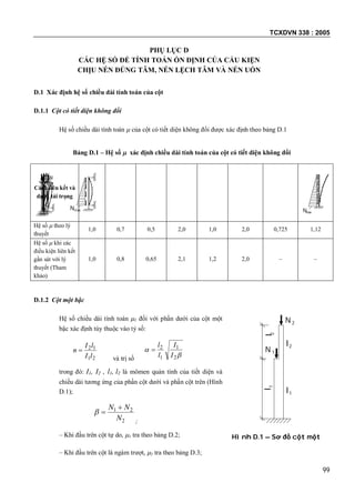 TCXDVN 338 : 2005
99
PHỤ LỤC D
CÁC HỆ SỐ ĐỂ TÍNH TOÁN ỔN ĐỊNH CỦA CẤU KIỆN
CHỊU NÉN ĐÚNG TÂM, NÉN LỆCH TÂM VÀ NÉN UỐN
D.1 Xác định hệ số chiều dài tính toán của cột
D.1.1 Cột có tiết diện không đổi
Hệ số chiều dài tính toán  của cột có tiết diện không đổi được xác định theo bảng D.1
Bảng D.1 – Hệ số  xác định chiều dài tính toán của cột có tiết diện không đổi
Cách liên kết và
dạng tải trọng
Hệ số  theo lý
thuyết
1,0 0,7 0,5 2,0 1,0 2,0 0,725 1,12
Hệ số  khi các
điều kiện liên kết
gần sát với lý
thuyết (Tham
khảo)
1,0 0,8 0,65 2,1 1,2 2,0 – –
D.1.2 Cột một bậc
Hệ số chiều dài tính toán 1 đối với phần dưới của cột một
bậc xác định tùy thuộc vào tỷ số:
21
12
lI
lI
n 
và trị số 

2
1
1
2
I
I
l
l

trong đó: I1, I2 , l1, l2 là mômen quán tính của tiết diện và
chiều dài tương ứng của phần cột dưới và phần cột trên (Hình
D.1);
2
21
N
NN 

;
– Khi đầu trên cột tự do, 1 tra theo bảng D.2;
– Khi đầu trên cột là ngàm trượt, 1 tra theo bảng D.3;
l1l2
N 2
N 1
I2
I1
Hình D.1 – Sơ đồ cột một
b c
NNN
N
NN
Nmax Nmax
 