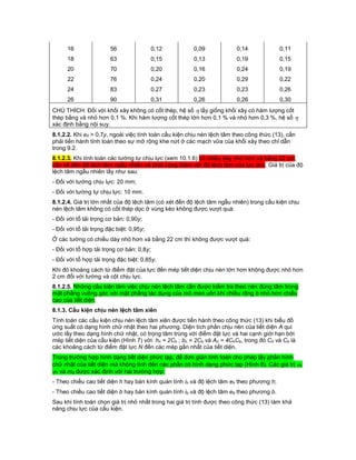 16 56 0,12 0,09 0,14 0,11
18 63 0,15 0,13 0,19 0,15
20 70 0,20 0,16 0,24 0,19
22 76 0,24 0,20 0,29 0,22
24 83 0,27 0,23 0,23 0,26
26 90 0,31 0,26 0,26 0,30
CHÚ THÍCH: Đối với khối xây không có cốt thép, hệ số  lấy giống khối xây có hàm lượng cốt
thép bằng và nhỏ hơn 0,1 %. Khi hàm lượng cốt thép lớn hơn 0,1 % và nhỏ hơn 0,3 %, hệ số 
xác định bằng nội suy.
8.1.2.2. Khi e0 > 0,7y, ngoài việc tính toán cấu kiện chịu nén lệch tâm theo công thức (13), cần
phải tiến hành tính toán theo sự mở rộng khe nứt ở các mạch vữa của khối xây theo chỉ dẫn
trong 9.2.
8.1.2.3. Khi tính toán các tường tự chịu lực (xem 10.1.6) có chiều dày nhỏ hơn và bằng 22 cm,
cần kể đến độ lệch tâm ngẫu nhiên và phải cộng thêm với độ lệch tâm của lực dọc. Giá trị của độ
lệch tâm ngẫu nhiên lấy như sau:
- Đối với tường chịu lực: 20 mm;
- Đối với tường tự chịu lực: 10 mm.
8.1.2.4. Giá trị lớn nhất của độ lệch tâm (có xét đến độ lệch tâm ngẫu nhiên) trong cấu kiện chịu
nén lệch tâm không có cốt thép dọc ở vùng kéo không được vượt quá:
- Đối với tổ tải trọng cơ bản: 0,90y;
- Đối với tổ tải trọng đặc biệt: 0,95y;
Ở các tường có chiều dày nhỏ hơn và bằng 22 cm thì không được vượt quá:
- Đối với tổ hợp tải trọng cơ bản: 0,8y;
- Đối với tổ hợp tải trọng đặc biệt: 0,85y.
Khi đó khoảng cách từ điểm đặt của lực đến mép tiết diện chịu nén lớn hơn không được nhỏ hơn
2 cm đối với tường và cột chịu lực.
8.1.2.5. Những cấu kiện làm việc chịu nén lệch tâm cần được kiểm tra theo nén đúng tâm trong
mặt phẳng vuông góc với mặt phẳng tác dụng của mô men uốn khi chiều rộng b nhỏ hơn chiều
cao của tiết diện.
8.1.3. Cấu kiện chịu nén lệch tâm xiên
Tính toán các cấu kiện chịu nén lệch tâm xiên được tiến hành theo công thức (13) khi biểu đồ
ứng suất có dạng hình chữ nhật theo hai phương. Diện tích phần chịu nén của tiết diện A qui
ước lấy theo dạng hình chữ nhật, có trọng tâm trùng với điểm đặt lực và hai cạnh giới hạn bởi
mép tiết diện của cấu kiện (Hình 7) với: hn = 2Ch ; bn = 2Cb và An = 4ChCb, trong đó Ch và Cb là
các khoảng cách từ điểm đặt lực N đến các mép gần nhất của tiết diện.
Trong trường hợp hình dạng tiết diện phức tạp, để đơn giản tính toán cho phép lấy phần hình
chữ nhật của tiết diện mà không tính đến các phần có hình dạng phức tạp (Hình 8). Các giá trị ,
1 và md được xác định với hai trường hợp:
- Theo chiều cao tiết diện h hay bán kính quán tính ih và độ lệch tâm eh theo phương h;
- Theo chiều cao tiết diện b hay bán kính quán tính ib và độ lệch tâm eb theo phương b.
Sau khi tính toán chọn giá trị nhỏ nhất trong hai giá trị tính được theo công thức (13) làm khả
năng chịu lực của cấu kiện.
 