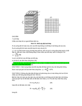 CHÚ DẪN:
1 Lưới thép
2 Đầu lưới thép thò ra ngoài để tiện kiểm tra
Hình 10 - Khối xây đặt lưới thép
R1 là cường độ tính toán chịu nén của khối xây không có cốt thép ở tuổi đang xét của vữa;
R25 là cường độ tính toán của khối xây khi mác vữa là 2,5;
t = (Vt / Vk)100 là hàm lượng cốt thép theo thể tích, đối với lưới ô vuông bằng thép thanh có tiết
diện Att, đặt cách nhau một khoảng bằng S theo chiều cao khối xây, cạnh ô vuông là C thì
;100
2
SC
Att
t


Vt và Vk là thể tích của cốt thép và khối xây;
md là hệ số, xác định theo công thức (16);
 là hệ số uốn dọc, xác định theo Bảng 17 với h hay i và đặc trưng đàn hồi của khối xây có cốt
thép lưới t tính theo công thức (6).
CHÚ THÍCH 1: Hàm lượng thép của khối xây đặt cốt thép lưới khi chịu nén đúng tâm không
được vượt quá giá trị số xác định theo công thức: %.1,050 
t
t
R
R

CHÚ THÍCH 2: Những cấu kiện đặt cốt thép lưới phải dùng vữa có mác không nhỏ hơn 50 khi
chiều cao mỗi hàng xây không lớn hơn 150 mm.
8.2.1.2. Việc tính toán các cấu kiện chịu nén lệch tâm có cốt thép lưới khi lệch tâm nhỏ không
vượt quá giới hạn lõi tiết diện (đối với tiết diện chữ nhật e0 ≤ 0,17h) cần thực hiện theo công
thức:
N ≤ md1RtkuAn (29)
hoặc đối với tiết diện chữ nhật:
 






h
e
ARmN o
utkd
2
1,1 (30)
trong đó:
 