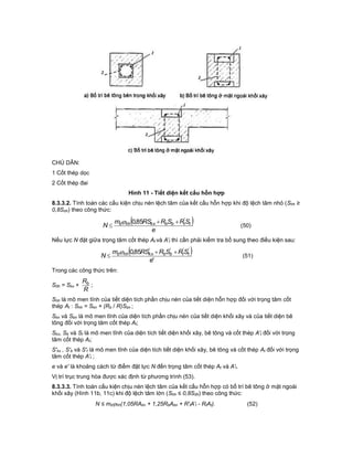 CHÚ DẪN:
1 Cốt thép dọc
2 Cốt thép đai
Hình 11 - Tiết diện kết cấu hỗn hợp
8.3.3.2. Tính toán các cấu kiện chịu nén lệch tâm của kết cấu hỗn hợp khi độ lệch tâm nhỏ (Shh ≥
0,8Soh) theo công thức:
 
e
SRSRRSm
N ttbbkxhhd
'
85,0 


(50)
Nếu lực N đặt giữa trọng tâm cốt thép At và A't thì cần phải kiểm tra bổ sung theo điều kiện sau:
 
'
85,0 ''''
e
SRSRRSm
N ttbbkxhhd 


(51)
Trong các công thức trên:
S0h = Skx +
R
Rb ;
Shh là mô men tĩnh của tiết diện tích phần chịu nén của tiết diện hỗn hợp đối với trọng tâm cốt
thép At : Shh = Skn + (Rb / R)Sbn ;
Skn và Sbn là mô men tĩnh của diện tích phần chịu nén của tiết diện khối xây và của tiết diện bê
tông đối với trọng tâm cốt thép At;
Skx, Sb và St là mô men tĩnh của diện tích tiết diện khối xây, bê tông và cốt thép A't đối với trọng
tâm cốt thép At;
S'kx , S'b và S't là mô men tĩnh của diện tích tiết diện khối xây, bê tông và cốt thép At đối với trọng
tâm cốt thép A't ;
e và e' là khoảng cách từ điểm đặt lực N đến trọng tâm cốt thép At và A't.
Vị trí trục trung hòa được xác định từ phương trình (53).
8.3.3.3. Tính toán cấu kiện chịu nén lệch tâm của kết cấu hỗn hợp có bố trí bê tông ở mặt ngoài
khối xây (Hình 11b, 11c) khi độ lệch tâm lớn (Shh ≤ 0,8S0h) theo công thức:
N ≤ mdhh(1,05RAkn + 1,25RbAbn + R'tA't - RtAt). (52)
 