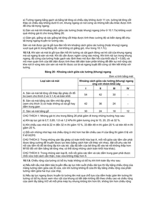 a) Tường ngang bằng gạch và bằng bê tông có chiều dày không dưới 11 cm, tường bê tông cốt
thép có chiều dày không dưới 6 cm, khung ngang có nút cứng và những kết cấu khác được tính
để chịu tải trọng ngang;
b) Sàn và mái khi khoảng cách giữa các tường (hoặc khung) ngang (như ở 10.1.7a) không vượt
quá những giá trị cho trong Bảng 26;
c) Giàn gió, giằng và các giằng bê tông cốt thép được tính theo cường độ và biến dạng để chịu
tải trọng ngang truyền từ tường vào.
Sàn và mái được gọi là gối tựa đàn hồi khi khoảng cách giữa các tường (hoặc khung) ngang
vượt quá giá trị trong Bảng 26, mà không có giằng gió, như trong 10.1.7c).
10.1.8. Khi sàn và mái là gối tựa đàn hồi thì tường và cột gạch đóng vai trò cột của khung ngang
mà xà ngang là sàn và mái. Khi đó cần được ngàm cứng vào móng. Khi tính nội lực trong khung
ngang, độ cứng của tường hoặc gạch xác định theo mô đun đàn hồi của khối xây E = 0,8E0 và
mô men quán tính của tiết diện được tính theo tiết diện toàn phần không để đến sự mở rộng các
khe nứt ở vùng kéo còn sàn và mái thì được coi là xà ngang tuyệt đối cứng có liên kết khớp với
tường.
Bảng 26 - Khoảng cách giữa các tường (khung) ngang
Đơn vị tính bằng mét
Loại sàn và mái Khoảng cách giữa các tường (khung) ngang
ứng với nhóm khối xây
I II III IV
A. Sàn và mái bê tông cốt thép lắp ghép rồi đổ
bù (xem chú thích 2 và 3.1.4) và toàn khối
54 42 30 -
B. Sàn và mái bằng các tấm nhỏ lắp ghép
(xem chú thích 3) có hoặc không có xà gỗ hay
dầm trung gian
42 36 24 -
C. Sàn và mái bằng gỗ 30 24 18 12
CHÚ THÍCH 1: Những giá trị cho trong Bảng 26 phải giảm đi trong những trường hợp sau:
a) Khi áp lực gió là 0,7; 0,85; 1,0 và 1,2 kPa thì giảm tương ứng là 15, 20, 25 và 32 %.
b) Khi chiều cao nhà là 22 m đến 32 m thì giảm 10 %, 33 đến 48 m thì giảm 20 % và trên 48 m thì
giảm 25 %.
c) Đối với những nhà hẹp mà chiều rộng b nhỏ hơn hai lần chiều cao H của tầng thì giảm tỉ lệ với
tỉ số bl(2H).
CHÚ THÍCH 2: Trong những sàn lắp ghép có toàn khối hóa loại A, mối nối giữa các tấm cần phải
được tăng cường để truyền được lực kéo (bằng cách hàn cốt thép với nhau, đặt cốt phụ vào kẽ
nối các tấm rồi đổ bê tông lấp kín các kẽ, cấp độ bền của bê tông đổ vào kẽ nối không thấp hơn
M100 đối với tấm bằng bê tông nhẹ; có thể dùng những cách toàn khối hóa khác).
CHÚ THÍCH 3: Trong những sàn loại B, mối nối giữa các tấm và các dầm trung gian phải được
nhồi vữa một cách cẩn thận; mác vữa không thấp hơn 5.
10.1.9. Chiều rộng của tường có bổ trụ hoặc không có bổ trụ khi tính toán lấy như sau:
a) Nếu kết cấu mái đảm bảo truyền đều áp lực trên suốt chiều dài tựa thì lấy bằng chiều rộng của
mảng tường nằm giữa các lỗ cửa, còn khi tường không lỗ cửa thì lấy bằng chiều rộng của phần
tường nằm giữa hai trục của nhịp;
b) Nếu áp lực ngang được truyền từ tường lên mái qua chỗ tựa của dầm hoặc giàn lên tường thì
tường có bổ trụ được xem như cột của khung có tiết diện không đổi theo chiều cao và chiều rộng
của cánh lấy bằng H/3 về mỗi phía mép trụ nhưng không lớn hơn 6h, không lớn hơn chiều rộng
 
