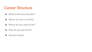 Career Structure
● What is the hierarchy like?
● Where are you currently?
● Where do you want to be?
● How do you get there?
● Annual reviews
 