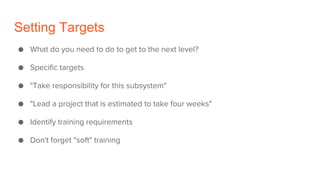 Setting Targets
● What do you need to do to get to the next level?
● Specific targets
● "Take responsibility for this subsystem"
● "Lead a project that is estimated to take four weeks"
● Identify training requirements
● Don't forget "soft" training
 