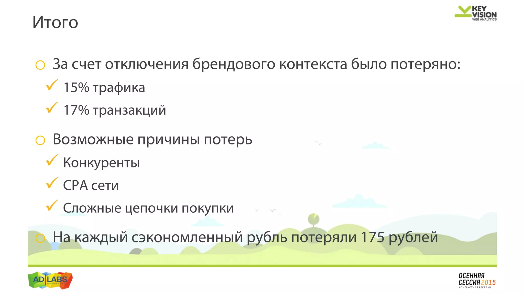 o За счет отключения брендового контекста было потеряно:
 15% трафика
 17% транзакций
o Возможные причины потерь
 Конкуренты
 СРА сети
 Сложные цепочки покупки
o На каждый сэкономленный рубль потеряли 175 рублей
Итого
 