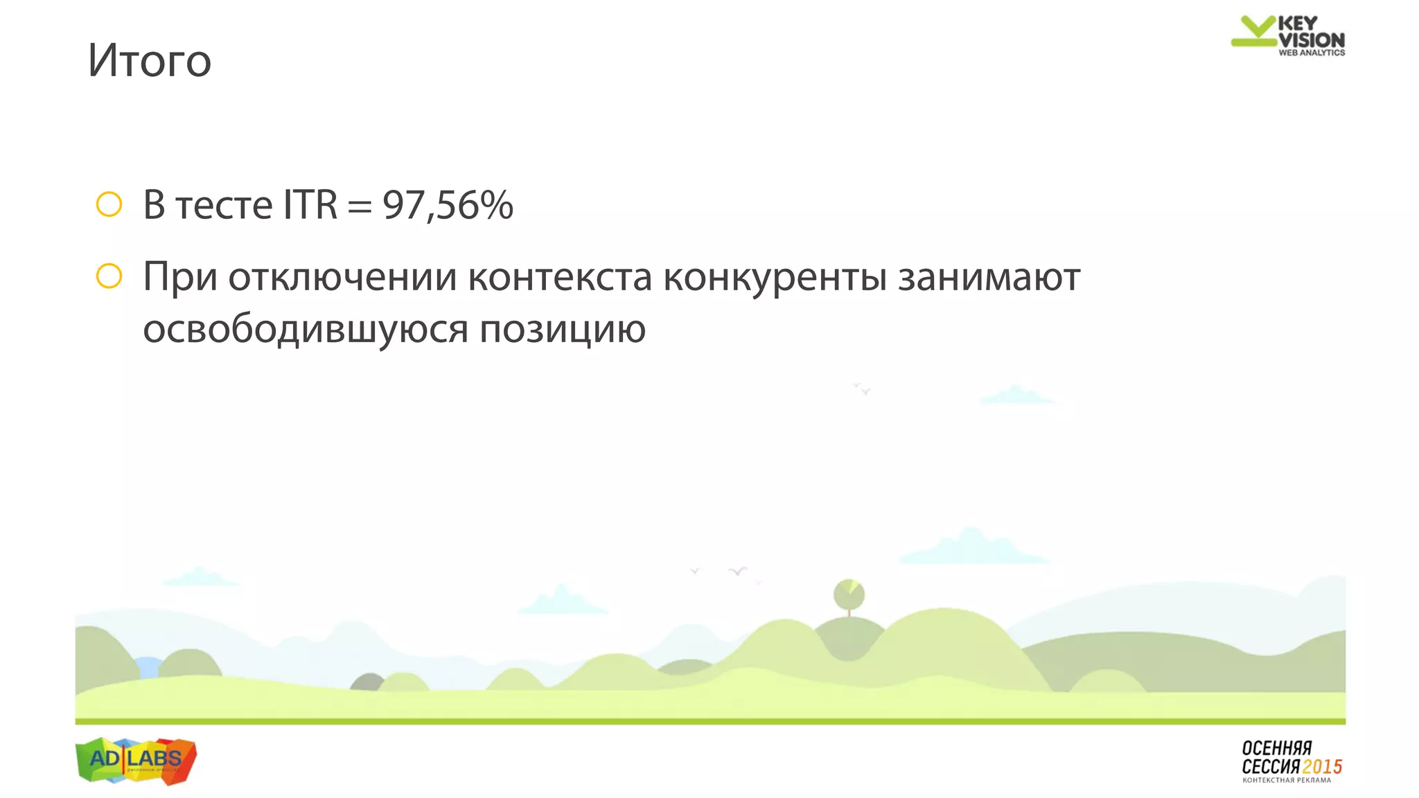 o В тесте ITR = 97,56%
o При отключении контекста конкуренты занимают
освободившуюся позицию
Итого
 