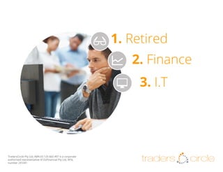 1. Retired
2. Finance
3. I.T

TradersCircle Pty Ltd, ABN 65 120 660 497 is a corporate
authorised representative of OzFinancial Pty Ltd, AFSL
number 241041

traders

circle

 