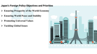 Japan’s Foreign Policy Objectives and Priorities
 Ensuring Prosperity of the World Economy
 Ensuring World Peace and Stability
 Promoting Universal Values
 Tackling Global Issues
 
