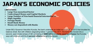 JAPAN’S ECONOMIC POLICIES
LIMITATIONS:
 Large Non-monetized Sector
 Undeveloped Money and Capital Markets
 Large Number of Non-bank financial intermediaries
 High Liquidity
 Foreign Banks
 Small Bank Money
 Money not deposited with Banks
Under BOJ Governor Haruhiko Kuroda, the bank undertook an initial round of QE in 2013 that doubled its
balance sheet. But with inflation stagnating below 1 percent into 2017, the bank has moved into a
second, open-ended phase of QE consisting of $660 billion in yearly asset purchases that Kuroda
says will continue until the 2 percent inflation target is achieved.
 