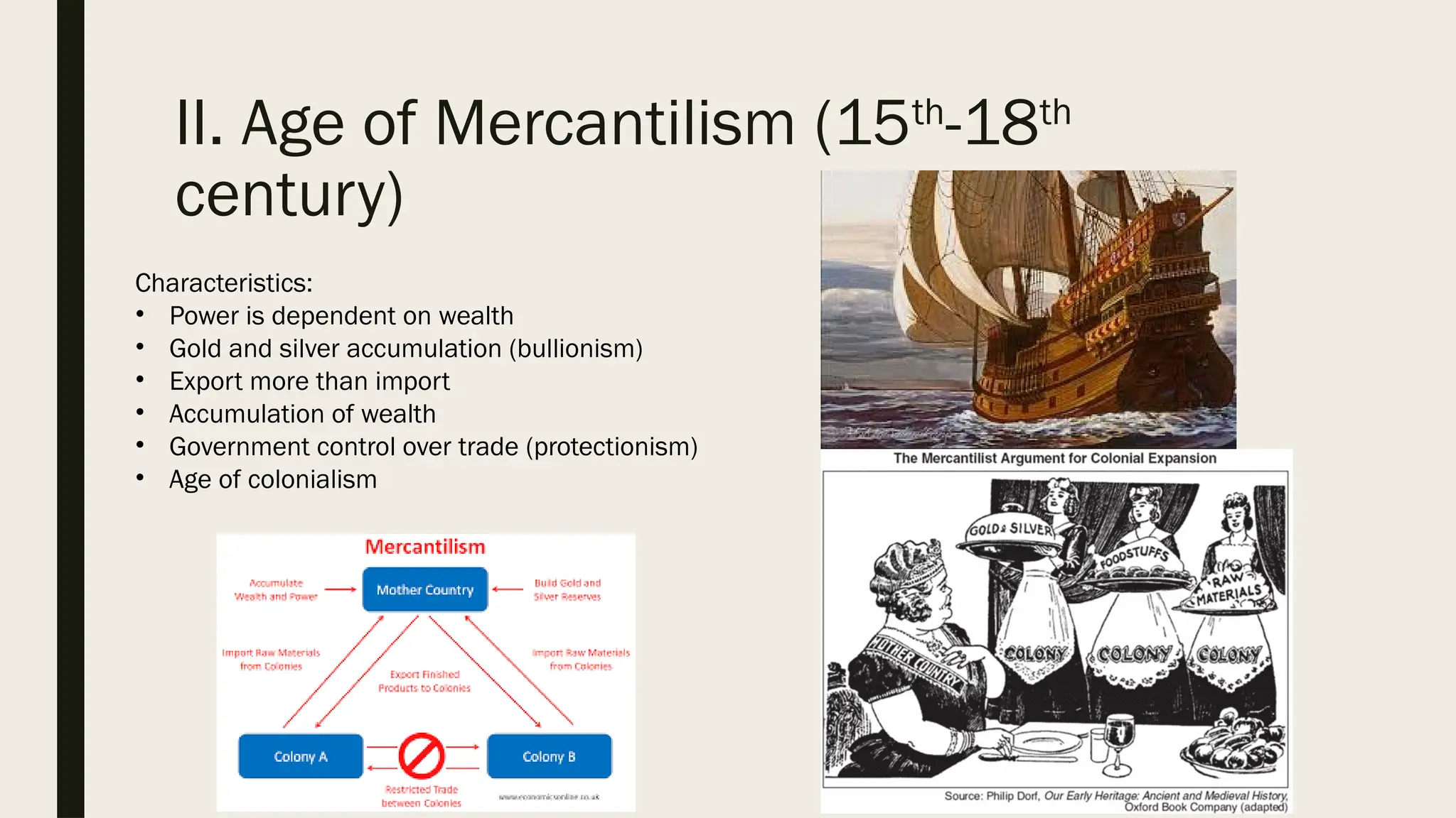II. Age of Mercantilism (15th
-18th
century)
Characteristics:
• Power is dependent on wealth
• Gold and silver accumulation (bullionism)
• Export more than import
• Accumulation of wealth
• Government control over trade (protectionism)
• Age of colonialism
 