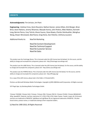CREDITS


Acknowledgments: Tim Jenison, Jim Plant

Engineering: Andrew Cross, Kevin Rouviere, Nathan Kovner, James Killian, Kirk Morger, Brian
Brice, Kevin Nations, Jeremy Wiseman, Masaaki Konno, John Perkins, Mike Watkins, Kenneth
Long, Bennie Pierce, Cary Tetrick, Alvaro Suarez, Steve Bowie, Charles Steinkuehler, Menghua
Wang, Shawn Wisniewski, Bob Peene, Greg Heine, Dan Fletcher, Anthony Louviere

Additional thanks to:             NewTek Marketing

                                  NewTek Content Development
                                  NewTek Technical Support
                                  NewTek Customer Service
                                  NewTek Sales


This product uses the FreeImage library. This is licensed under the LGPL license (see link below). For the source, and the
ability to change and recompile this component, please visit : http://freeimage.sourceforge.net/

This product uses the LAME library. This is licensed under the LGPL license (see link below). For the source, and the ability
to change and recompile this component, please visit : http://lame.sourceforge.net/

This product uses the FFMPEG library. This is licensed under the LGPL license (see link below). For the source, and the
ability to change and recompile this component, please visit : http://ffmpeg.org/

For a copy of the LGPL licence, please look in the folder c:TriCasterLGPL

Portions use Microsoft Windows Media Technologies. Copyright (c)1999-2008 Microsoft Corporation. All Rights reserved.

VST PlugIn Spec. by Steinberg Media Technologies GmbH.




TriCaster TCXD300, TriCaster DUO, TriCaster, TriCaster PRO, TriCaster PRO FX, TriCaster STUDIO, TriCaster BROADCAST,
3Play, SpeedEDIT, DataLink, LiveText, LiveControl, VT, VT[3], VT[4], VT[5], Video Toaster, Toaster, Inspire 3D, 3D Arsenal
and Aura are trademarks of NEWTEK. LightWave and LightWave 3D are registered trademarks of NEWTEK. All other
brand names, product names, or trademarks belong to their respective holders.

(c) NewTek 1990-2010, All Rights Reserved
 