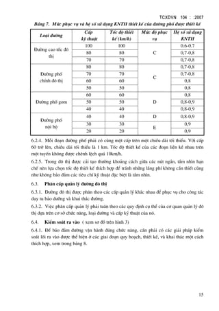 TCXDVN 104 : :2007
15
B¶ng 7. Møc phôc vô vµ hÖ sè sö dông KNTH thiÕt kÕ cña ®−êng phè ®−îc thiÕt kÕ
Lo¹i ®−êng
CÊp
kü thuËt
Tèc ®é thiÕt
kÕ (km/h)
Møc ®é phôc
vô
HÖ sè sö dông
KNTH
§−êng cao tèc ®«
thÞ
100 100
C
0.6-0.7
80 80 0,7-0,8
70 70 0,7-0,8
§−êng phè
chÝnh ®« thÞ
80 80
C
0,7-0,8
70 70 0,7-0,8
60 60 0,8
50 50 0,8
§−êng phè gom
60 60
D
0,8
50 50 0,8-0,9
40 40 0,8-0,9
§−êng phè
néi bé
40 40 D 0,8-0,9
30 30
E
0,9
20 20 0,9
6.2.4. Mçi ®o¹n ®−êng phè ph¶i cã cïng mét cÊp trªn mét chiÒu dµi tèi thiÓu. Víi cÊp
60 trë lªn, chiÒu dµi tèi thiÓu lµ 1 km. Tèc ®é thiÕt kÕ cña c¸c ®o¹n liÒn kÒ nhau trªn
mét tuyÕn kh«ng ®−îc chªnh lÖch qu¸ 10km/h.
6.2.5. Trong ®« thÞ ®−îc c¶i t¹o th−êng kho¶ng c¸ch gi÷a c¸c nót ng¾n, tÇm nh×n h¹n
chÕ nªn lùa chän tèc ®é thiÕt kÕ thÝch hîp ®Ó tr¸nh nh÷ng l·ng phÝ kh«ng cÇn thiÕt còng
nh− kh«ng b¶o ®¶m c¸c tiªu chÝ kü thuËt ®Æc biÖt lµ tÇm nh×n.
6.3. Ph©n cÊp qu¶n lý ®−êng ®« thÞ
6.3.1. §−êng ®« thÞ ®−îc ph©n theo c¸c cÊp qu¶n lý kh¸c nhau ®Ó phôc vô cho c«ng t¸c
duy tu b¶o d−ìng vµ khai th¸c ®−êng.
6.3.2. ViÖc ph©n cÊp qu¶n lý ph¶i tu©n theo c¸c quy ®Þnh cô thÓ cña c¬ quan qu¶n lý ®«
thÞ dùa trªn c¬ së chøc n¨ng, lo¹i ®−êng vµ cÊp kü thuËt cña nã.
6.4. KiÓm so¸t ra vµo ( xem s¬ ®å trªn h×nh 3)
6.4.1. §Ó b¶o ®¶m ®−êng vËn hµnh ®óng chøc n¨ng, cÇn ph¶i cã c¸c gi¶i ph¸p kiÓm
so¸t lèi ra vµo ®−îc thÓ hiÖn ë c¸c giai ®o¹n quy ho¹ch, thiÕt kÕ, vµ khai th¸c mét c¸ch
thÝch hîp, xem trong b¶ng 8.
 