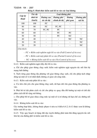 TCXDVN 104 : :2007
16
B¶ng 8. H×nh thøc kiÓm so¸t lèi ra vµo c¸c lo¹i ®−êng.
CÊp kü
thuËt
Tèc ®é
thiÕt kÕ
(km/h)
Lo¹i ®−êng phè
§−êng cao
tèc ®« thÞ
§−êng phè
chÝnh ®« thÞ
§−êng
phè gom
§−êng phè
néi bé
100 100 FC - - -
80 80 FC FC, PC - -
70 70 FC, PC PC - -
60 60 - PC PC -
50 50 - PC NC -
40 40 - - NC NC
30 30 - - - NC
20 20 - - - NC
Chó thÝch:
- FC = KiÓm so¸t nghiªm ngÆt lèi ra vµo (Full Control of Access)
- PC = KiÓm so¸t mét phÇn lèi ra vµo (Partial Control of Access)
- NC = Kh«ng kiÓm so¸t lèi ra vµo (No Control of Access)
6.4.2. KiÓm so¸t nghiªm ngÆt (®Çy ®ñ) lèi ra vµo.
a. ChØ cho phÐp giao th«ng ch¹y suèt; kiÓm so¸t nghiªm ngÆt nguyªn t¾c nèi liªn hÖ
m¹ng l−íi ®−êng
b. T¸ch riªng giao th«ng ®Þa ph−¬ng víi giao th«ng ch¹y suèt, chØ cho phÐp t¸ch nhËp
dßng t¹i mét sè vÞ trÝ nhÊt ®Þnh; kh«ng cã giao c¾t cïng møc.
6.4.3. KiÓm so¸t mét phÇn lèi ra vµo :
a. ¦u tiªn chñ yÕu cho giao th«ng ch¹y suèt, rÊt h¹n chÕ cho giao th«ng ®Þa ph−¬ng ra
vµo.
b. Ph¶i bè trÝ d¶i ph©n c¸ch vµ chØ cho phÐp xe quay ®Çu ®æi h−íng t¹i mét sè chç d¶i
ph©n c¸ch ®ñ bÒ réng më th«ng.
c. Cho phÐp bè trÝ giao nhau cïng møc t¹i mét sè vÞ trÝ nh−ng rÊt h¹n chÕ c¸c ®−êng nèi
vµo.
6.4.4. Kh«ng kiÓm so¸t lèi ra vµo:
C¸c tr−êng hîp kh¸c, kh«ng thuéc ph¹m vi nªu ra ë ®iÒu 6.4.2, 6.4.3 ®−îc xem lµ kh«ng
kiÓm so¸t lèi ra vµo.
6.4.5. ViÖc quy ho¹ch sö dông ®Êt däc tuyÕn ®−êng ph¶i tu©n thñ ®óng nguyªn t¾c nèi
liªn hÖ cña ®−êng phè vµ kiÓm so¸t lèi ra vµo.
 