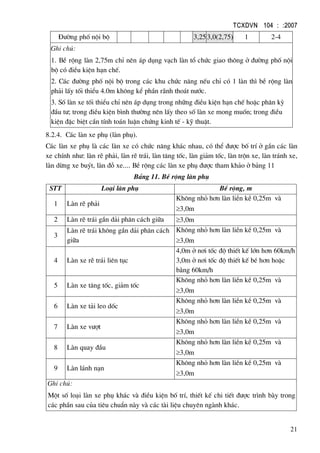TCXDVN 104 : :2007
21
§−êng phè néi bé 3,25 3,0(2,75) 1 2-4
Ghi chó:
1. BÒ réng lµn 2,75m chØ nªn ¸p dông v¹ch lµn tæ chøc giao th«ng ë ®−êng phè néi
bé cã ®iÒu kiÖn h¹n chÕ.
2. C¸c ®−êng phè néi bé trong c¸c khu chøc n¨ng nÕu chØ cã 1 lµn th× bÒ réng lµn
ph¶i lÊy tèi thiÓu 4.0m kh«ng kÓ phÇn r·nh tho¸t n−íc.
3. Sè lµn xe tèi thiÓu chØ nªn ¸p dông trong nh÷ng ®iÒu kiÖn h¹n chÕ hoÆc ph©n kú
®Çu t−; trong ®iÒu kiÖn b×nh th−êng nªn lÊy theo sè lµn xe mong muèn; trong ®iÒu
kiÖn ®Æc biÖt cÇn tÝnh to¸n luËn chøng kinh tÕ - kü thuËt.
8.2.4. C¸c lµn xe phô (lµn phô).
C¸c lµn xe phô lµ c¸c lµn xe cã chøc n¨ng kh¸c nhau, cã thÓ ®−îc bè trÝ ë gÇn c¸c lµn
xe chÝnh nh−: lµn rÏ ph¶i, lµn rÏ tr¸i, lµn t¨ng tèc, lµn gi¶m tèc, lµn trén xe, lµn tr¸nh xe,
lµn dõng xe buýt, lµn ®ç xe.... BÒ réng c¸c lµn xe phô ®−îc tham kh¶o ë b¶ng 11
B¶ng 11. BÒ réng lµn phô
STT Lo¹i lµn phô BÒ réng, m
1 Lµn rÏ ph¶i
Kh«ng nhá h¬n lµn liÒn kÒ 0,25m vµ
≥3,0m
2 Lµn rÏ tr¸i gÇn d¶i ph©n c¸ch gi÷a ≥3,0m
3
Lµn rÏ tr¸i kh«ng gÇn d¶i ph©n c¸ch
gi÷a
Kh«ng nhá h¬n lµn liÒn kÒ 0,25m vµ
≥3,0m
4 Lµn xe rÏ tr¸i liªn tôc
4,0m ë n¬i tèc ®é thiÕt kÕ lín h¬n 60km/h
3,0m ë n¬i tèc ®é thiÕt kÕ bÐ h¬n hoÆc
b»ng 60km/h
5 Lµn xe t¨ng tèc, gi¶m tèc
Kh«ng nhá h¬n lµn liÒn kÒ 0,25m vµ
≥3,0m
6 Lµn xe t¶i leo dèc
Kh«ng nhá h¬n lµn liÒn kÒ 0,25m vµ
≥3,0m
7 Lµn xe v−ît
Kh«ng nhá h¬n lµn liÒn kÒ 0,25m vµ
≥3,0m
8 Lµn quay ®Çu
Kh«ng nhá h¬n lµn liÒn kÒ 0,25m vµ
≥3,0m
9 Lµn l¸nh n¹n
Kh«ng nhá h¬n lµn liÒn kÒ 0,25m vµ
≥3,0m
Ghi chó:
Mét sè lo¹i lµn xe phô kh¸c vµ ®iÒu kiÖn bè trÝ, thiÕt kÕ chi tiÕt ®−îc tr×nh bµy trong
c¸c phÇn sau cña tiªu chuÈn nµy vµ c¸c tµi liÖu chuyªn ngµnh kh¸c.
 