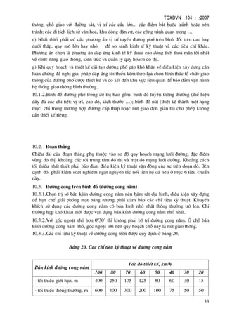 TCXDVN 104 : :2007
33
th«ng, chç giao víi ®−êng s¾t, vÞ trÝ c¸c cÇu lín.., c¸c ®iÓm b¾t buéc tr¸nh hoÆc nªn
tr¸nh: c¸c di tÝch lÞch sö v¨n ho¸, khu ®«ng d©n c−, c¸c c«ng tr×nh quan träng …
e) NhÊt thiÕt ph¶i cã c¸c ph−¬ng ¸n vÞ trÝ tuyÕn ®−êng phè trªn b×nh ®å: trªn cao hay
d−íi thÊp, quy m« lín hay nhá ®Ó so s¸nh kinh tÕ kü thuËt vµ c¸c tiªu chÝ kh¸c.
Ph−¬ng ¸n chän lµ ph−¬ng ¸n ®¸p øng kinh tÕ kü thuËt cao ®ång thêi tho¶ m·n tèt nhÊt
vÒ chøc n¨ng giao th«ng, kiÕn tróc vµ qu¶n lý quy ho¹ch ®« thÞ.
g) Khi quy ho¹ch vµ thiÕt kÕ c¶i t¹o ®−êng phè gÆp khã kh¨n vÒ ®iÒu kiÖn x©y dùng cÇn
luËn chøng ®Ò nghÞ gi¶i ph¸p ®¸p øng tèi thiÓu kÌm theo lùa chän h×nh thøc tæ chøc giao
th«ng cña ®−êng phè ®−îc thiÕt kÕ vµ cã xÐt ®Õn khu vùc liªn quan ®Ó b¶o ®¶m vËn hµnh
hÖ thèng giao th«ng b×nh th−êng..
10.1.2.B×nh ®å ®−êng phè trong ®« thÞ bao gåm: b×nh ®å tuyÕn th«ng th−êng (thÓ hiÖn
®Çy ®ñ c¸c chi tiÕt: vÞ trÝ, cao ®é, kÝch th−íc …); b×nh ®å nót (thiÕt kÕ thµnh mét h¹ng
môc, chØ trong tr−êng hîp ®−êng cÊp thÊp hoÆc nót giao ®¬n gi¶n th× cho phÐp kh«ng
cÇn thiÕt kÕ riªng.
10.2. §o¹n th¼ng
ChiÒu dµi cña ®o¹n th¼ng phô thuéc vµo s¬ ®å quy ho¹ch m¹ng l−íi ®−êng, ®Æc ®iÓm
vïng ®« thÞ, kho¶ng c¸c tíi trung t©m ®« thÞ vµ mËt ®é m¹ng l−íi ®−êng. Kho¶ng c¸ch
tèi thiÓu nhÊt thiÕt ph¶i b¶o ®¶m ®iÒu kiÖn kü thuËt vËn ®éng cña xe trªn ®o¹n ®ã. Bªn
c¹nh ®ã, ph¶i kiÓm so¸t nghiªm ngÆt nguyªn t¾c nèi liªn hÖ ®· nªu ë môc 6 tiªu chuÈn
nµy.
10.3. §−êng cong trªn b×nh ®å (®−êng cong n»m)
10.3.1.Chän trÞ sè b¸n kÝnh ®−êng cong n»m nªn b¸m s¸t ®Þa h×nh, ®iÒu kiÖn x©y dùng
®Ó h¹n chÕ gi¶i phãng mÆt b»ng nh−ng ph¶i ®¶m b¶o c¸c chØ tiªu kü thuËt. KhuyÕn
khÝch sö dông c¸c ®−êng cong n»m cã b¸n kÝnh nhá nhÊt th«ng th−êng trë lªn. ChØ
tr−êng hîp khã kh¨n míi ®−îc vËn dông b¸n kÝnh ®−êng cong n»m nhá nhÊt.
10.3.2.Víi gãc ngoÆt nhá h¬n 00
30’ th× kh«ng ph¶i bè trÝ ®−êng cong n»m. ë chç b¸n
kÝnh ®−êng cong n»m nhá, gãc ngoÆt lín nªn quy ho¹ch chç nµy lµ nót giao th«ng.
10.3.3.C¸c chØ tiªu kü thuËt vÒ ®−êng cong trßn ®−îc quy ®Þnh ë b¶ng 20.
B¶ng 20. C¸c chØ tiªu kü thuËt vÒ ®−êng cong n»m
B¸n kÝnh ®−êng cong n»m
Tèc ®é thiÕt kÕ, km/h
100 80 70 60 50 40 30 20
- tèi thiÓu giíi h¹n, m 400 250 175 125 80 60 30 15
- tèi thiÓu th«ng th−êng, m 600 400 300 200 100 75 50 50
 