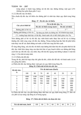 TCXDVN 104 : :2007
38
trong ph¹m vi hµnh lang ®−êng s¾t ®é dèc däc ®−êng kh«ng v−ît qu¸ 2,5%
(kh«ng bao gåm ®o¹n gi÷a 2 ray).
11.2.2.§é dèc däc tèi thiÓu.
Tiªu chuÈn ®é dèc däc tèi thiÓu cho ®−êng phè vµ r·nh däc ®−îc quy ®Þnh trong b¶ng
25.
B¶ng 25 §é dèc däc tèi thiÓu.
C¸c yÕu tè thiÕt kÕ
TrÞ sè ®é dèc däc, ‰
§é dèc tèi thiÓu mong muèn §é dèc tèi thiÓu
§−êng phè cã bã vØa 5 3 (*)
§−êng phè kh«ng cã bã vØa ¸p dông quy ®Þnh cña ®−êng «t«: TCVN4054 hiÖn hµnh
(*) : tr−êng hîp r·nh däc cã l¸t ®¸y, tho¸t n−íc tèt cã thÓ chiÕt gi¶m cßn 1‰
Trªn ®−êng phè cã bã vØa th× dèc däc r·nh tho¸t n−íc ®−îc lµm s¸t bã vØa vµ th«ng
th−êng dèc r·nh song song víi dèc däc ®−êng. Trong tr−êng hîp ®Æc biÖt th× ph¶i kiÓm
to¸n thuû v¨n ®Ó x¸c ®Þnh nh÷ng n¬i n−íc cã thÓ trµn sang lµn bªn c¹nh.
ë vïng ®ång b»ng, nÕu ®é dèc tèi thiÓu mÆt ®−êng khã ®¶m b¶o th× cÇn ph¶i thiÕt kÕ ®é
dèc däc r·nh biªn d¹ng r¨ng c−a dùa trªn b¶n vÏ quy ho¹ch chiÒu cao ®−êng phè b»ng
c¸ch liªn tôc ®æi dèc däc cña r·nh, thay ®æi ®é dèc ngang mÆt ®−êng ë ph¹m vi mét d¶i
réng 1-1.5m tÝnh tõ mÐp r·nh.
11.2.3.ChiÒu dµi ®æi dèc
Trong ®« thÞ, ph¶i kÕt hîp chÆt chÏ gi÷a ®é dèc, chiÒu dµi ®æi dèc víi tho¸t n−íc (vÞ trÝ
c¸c giÕng thu n−íc).
a) ChiÒu dµi dèc däc kh«ng ®−îc v−ît qu¸ c¸c quy ®Þnh trong b¶ng 26.
B¶ng 26. ChiÒu dµi tèi ®a trªn dèc däc
§é dèc däc,
%
Tèc ®é tÝnh to¸n (Km/h)
100 80 70 60 40 30 20
3
4
5
6
7
8
9
1000
800
600
-
-
-
-
1100
900
700
500
-
-
-
1150
950
750
550
-
-
-
1200
1000
800
600
-
-
-
-
1100
900
700
500
-
-
-
1100
900
700
500
300
-
-
1200
1000
800
600
400
200
b) ChiÒu dµi dèc däc cña phè kh«ng ®−îc nhá h¬n c¸c quy ®Þnh trong b¶ng 27. §èi víi
c¸c phè c¶i t¹o n©ng cÊp dïng trÞ sè trong ngoÆc.
B¶ng 27. ChiÒu dµi tèi thiÓu cña ®o¹n dèc däc
Tèc ®é tÝnh to¸n, km/h 100 80 70 60 50 40 30 20
 