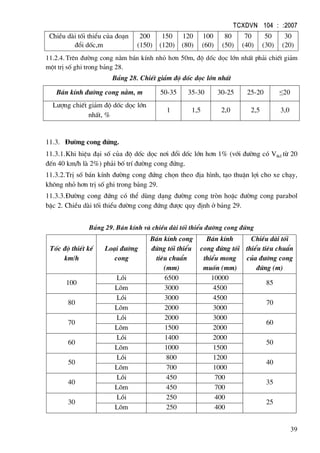 TCXDVN 104 : :2007
39
ChiÒu dµi tèi thiÓu cña ®o¹n
®æi dèc,m
200
(150)
150
(120)
120
(80)
100
(60)
80
(50)
70
(40)
50
(30)
30
(20)
11.2.4.Trªn ®−êng cong n»m b¸n kÝnh nhá h¬n 50m, ®é dèc däc lín nhÊt ph¶i chiÕt gi¶m
mét trÞ sè ghi trong b¶ng 28.
B¶ng 28. ChiÕt gi¶m ®é dèc däc lín nhÊt
B¸n kÝnh ®−êng cong n»m, m 50-35 35-30 30-25 25-20 ≤20
L−îng chiÕt gi¶m ®é dèc däc lín
nhÊt, %
1 1,5 2,0 2,5 3,0
11.3. §−êng cong ®øng.
11.3.1.Khi hiÖu ®¹i sè cña ®é dèc däc n¬i ®æi dèc lín h¬n 1% (víi ®−êng cã VtkÕ tõ 20
®Õn 40 km/h lµ 2%) ph¶i bè trÝ ®−êng cong ®øng.
11.3.2.TrÞ sè b¸n kÝnh ®−êng cong ®øng chän theo ®Þa h×nh, t¹o thuËn lîi cho xe ch¹y,
kh«ng nhá h¬n trÞ sè ghi trong b¶ng 29.
11.3.3.§−êng cong ®øng cã thÓ dïng d¹ng ®−êng cong trßn hoÆc ®−êng cong parabol
bËc 2. ChiÒu dµi tèi thiÓu ®−êng cong ®øng ®−îc quy ®Þnh ë b¶ng 29.
B¶ng 29. B¸n kÝnh vµ chiÒu dµi tèi thiÓu ®−êng cong ®øng
Tèc ®é thiÕt kÕ
km/h
Lo¹i ®−êng
cong
B¸n kÝnh cong
®øng tèi thiÓu
tiªu chuÈn
(mm)
B¸n kÝnh
cong ®øng tèi
thiÓu mong
muèn (mm)
ChiÒu dµi tèi
thiÓu tiªu chuÈn
cña ®−êng cong
®øng (m)
100
Låi 6500 10000
85
Lâm 3000 4500
80
Låi 3000 4500
70
Lâm 2000 3000
70
Låi 2000 3000
60
Lâm 1500 2000
60
Låi 1400 2000
50
Lâm 1000 1500
50
Låi 800 1200
40
Lâm 700 1000
40
Låi 450 700
35
Lâm 450 700
30
Låi 250 400
25
Lâm 250 400
 