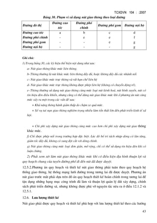 TCXDVN 104 : :2007
43
B¶ng 30. Ph¹m vi sö dông nót giao th«ng theo lo¹i ®−êng
§−êng ®« thÞ
§−êng cao
tèc
§−êng phè
chÝnh
§−êng phè gom §−êng néi bé
§−êng cao tèc
§−êng phè chÝnh
§−êng phè gom
§−êng néi bé
a
-
-
-
b
e
-
-
c
e
e
-
d
f
g
g
Ghi chó:
1) Trong b¶ng 30, c¸c ký hiÖu thÓ hiÖn néi dung nh− sau:
a- Nót giao th«ng kh¸c møc liªn th«ng.
b- Th«ng th−êng lµ nót kh¸c møc liªn th«ng ®Çy ®ñ, hoÆc kh«ng ®Çy ®ñ c¸c nh¸nh nèi
c- Nót giao kh¸c møc trùc th«ng vµ rÊt h¹n chÕ liªn hÖ
d- Nót giao kh¸c møc trùc th«ng kh«ng ®−îc phÐp liªn hÖ (kh«ng cã chuyÓn ®éng rÏ).
e- Th«ng th−êng sö dông nót giao th«ng cïng møc lo¹i nót kªnh ho¸, nót h×nh xuyÕn, nót cã
tÝn hiÖu ®Ìn ®iÒu khiÓn, nh−ng còng cã thÓ dïng nót giao kh¸c møc khi ë ph−¬ng ¸n nót cïng
møc x¶y ra mét trong c¸c vÊn ®Ò sau:
+ Kh¶ n¨ng th«ng hµnh gi¶m thÊp do chËm xe qu¸ møc.
+ Sè vô tai n¹n giao th«ng nghiªm träng nhiÒu lµm tæn thÊt lín ®Õn ph¸t triÓn kinh tÕ x·
héi.
+ Chi phÝ x©y dùng nót giao th«ng cïng møc cao h¬n chi phÝ x©y dùng nót giao th«ng
kh¸c møc.
f) ChØ ®−îc phÐp nèi trong tr−êng hîp ®Æc biÖt. Lóc ®ã bè trÝ t¸ch nhËp dßng cã lµn t¨ng,
gi¶m tèc ®Çy ®ñ, kh«ng cã xung ®ét c¾t víi dßng chÝnh.
g) Nót giao th«ng cïng møc lo¹i ®¬n gi¶n, më réng, chØ cã thÓ sö dông tÝn hiÖu ®Ìn khi cã
luËn chøng.
2) Ph¶i xem xÐt lµm nót giao th«ng kh¸c møc khi cã ®iÒu kiÖn ®Þa h×nh thuËn lîi vµ
quy ho¹ch chung cña tuyÕn ®−êng phè ®i ®Õn nót ®· ®−îc duyÖt.
12.5.2.Ph−¬ng ¸n quy ho¹ch vµ thiÕt kÕ nót giao th«ng ph¶i tu©n theo quy ho¹ch hÖ
thèng giao th«ng, hÖ thèng m¹ng l−íi ®−êng trong t−¬ng lai ®· ®−îc duyÖt. Ph−¬ng ¸n
nót giao tr−íc m¾t ph¶i dùa trªn ®å ¸n quy ho¹ch thiÕt kÕ hoµn chØnh trong t−¬ng lai ®Ó
tËn dông nh÷ng h¹ng môc c«ng tr×nh ®· lµm vµ thuËn lîi qu¶n lý ®Êt x©y dùng, chÝnh
s¸ch ph¸t triÓn ®−êng s¸, nh−ng kh«ng ®−îc ph¸ vì nguyªn t¾c nªu ra ë ®iÒu 12.1.2 vµ
12.5.1.
12.6. L−u l−îng thiÕt kÕ
Nót giao ph¶i ®−îc quy ho¹ch vµ thiÕt kÕ phï hîp víi l−u l−îng thiÕt kÕ theo c¸c h−íng
 