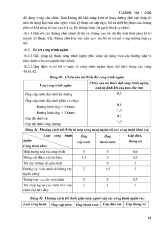 TCXDVN 104 : :2007
61
dÔ dµng trong söa ch÷a. NÕu kh«ng ®ñ kh¶ n¨ng kinh tÕ hoÆc ®−êng phè cÊp thÊp th×
nªn sö dông lo¹i kÝn nöa ngÇm (hµo kü thuËt cã n¾p ®Ëy), bè trÝ d−íi bé phËn cña ®−êng
phè cã kh¶ n¨ng t¸i t¹o cao (vÝ dô: hÌ ®−êng ®−îc l¸t g¹ch block tù chÌn).
16.1.4.§èi víi c¸c ®−êng phè chÝnh ®« thÞ vµ ®−êng cao tèc ®« thÞ nhÊt thiÕt ph¶i bè trÝ
tuynel kü thuËt. C¸c ®−êng phè khu vùc cÇn xem xÐt bè trÝ tuynel trong tr−êng hîp cô
thÓ.
16.2. Bè trÝ c«ng tr×nh ngÇm
16.2.1.Gi¶i ph¸p kü thuËt c«ng tr×nh ngÇm ph¶i ®−îc ¸p dông theo c¸c h−íng dÉn vµ
tiªu chuÈn chuyªn ngµnh hiÖn hµnh.
16.2.2.Quy ®Þnh vÞ trÝ bè trÝ mét sè c«ng tr×nh ngÇm ®−îc thÓ hiÖn trong c¸c b¶ng
40,41,42.
B¶ng 40. ChiÒu s©u tèi thiÓu ®Æt c«ng tr×nh ngÇm.
Lo¹i c«ng tr×nh ngÇm
ChiÒu s©u tèi thiÓu ®Æt c«ng tr×nh ngÇm,
tÝnh tõ ®Ønh kÕt cÊu bao che (m)
èng cÊp n−íc ®Æt d−íi hÌ ®−êng
èng cÊp n−íc ®Æt d−íi phÇn xe ch¹y:
§−êng kÝnh èng ≤ 300mm
§−êng kÝnh èng ≥ 300mm
C¸p ®Æt d−íi hÌ
C¸p ®Æt d−íi lßng ®−êng
0,5
0,8
1,0
0,7
1,0
B¶ng 41. Kho¶ng c¸ch tèi thiÓu tõ mÐp c«ng tr×nh ngÇm tíi c¸c c«ng tr×nh kh¸c (m)
Lo¹i c«ng tr×nh
ngÇm
C«ng tr×nh kh¸c
èng
cÊp n−íc
èng
tho¸t n−íc
C¸p ®iÖn,
th«ng tin
MÐp mãng nhµ vµ c«ng tr×nh 5 3 0,6
Mãng cét ®iÖn, cét tÝn hiÖu 1,5 3 0,5
Tíi ray ®−êng s¾t gÇn nhÊt 4 3
§−êng xe ®iÖn (tÝnh tõ ®−êng ray
ngoµi cïng)
2 1,5 2
T−êng hay trô cÇu v−ît hÇm 5 3 0,3
Tíi mÐp ngoµi cña r·nh bªn hay
ch©n cña nÒn ®¾p
1 1 1
B¶ng 42. Kho¶ng c¸ch tèi thiÓu gi÷a mÐp ngoµi cña c¸c c«ng tr×nh ngÇm (m)
Lo¹i c«ng tr×nh èng cÊp n−íc èng tho¸t n−íc C¸p ®iÖn lùc C¸p th«ng tin
 