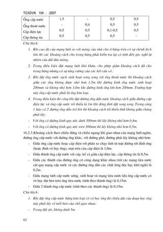 TCXDVN 104 : :2007
62
èng cÊp n−íc
èng tho¸t n−íc
C¸p ®iÖn lùc
C¸p th«ng tin
1,5
-
0,5
0,5
-
0,4
0,5
0,5
0,5
0,5
0,1-0,5
0,5
0,5
0,5
0,5
-
Chó thÝch:
1. Khi cao ®é cña m¹ng l−íi so víi mãng cña nhµ cho ë b¶ng trªn cã sù chªnh lÖch
lín th× c¸c kho¶ng c¸ch cho trong b¶ng ph¶i kiÓm tra l¹i cã tÝnh ®Õn gãc nghØ tù
nhiªn cña ®Êt ®µo mãng.
2. Trong ®iÒu kiÖn ®Æt m¹ng l−íi khã kh¨n, cho phÐp gi¶m kho¶ng c¸ch ®· cho
trong b¶ng nh−ng cã sù t¨ng c−êng cña c¸c kÕt cÊu vá..
3. Khi ®Æt èng n−íc s¹ch sinh ho¹t song song víi èng tho¸t n−íc th× kho¶ng c¸ch
gi÷a c¸c èng kh«ng ®−îc nhá h¬n 1,5m khi ®−êng kÝnh èng n−íc sinh ho¹t
200mm vµ kh«ng nhá h¬n 3,0m khi ®−êng kÝnh èng lín h¬n 200mm. Tr−êng hîp
nµy èng cÊp n−íc ph¶i lµ èng kim lo¹i.
4. Trong ®iÒu kiÖn thi c«ng khi ®Æt ®−êng èng dÉn n−íc kho¶ng c¸ch gi÷a ®−êng c¸p
®iÖn lùc vµ èng cÊp n−íc tèi thiÓu lµ 1m khi ®ång thêi ®Æt song song. Trong cïng
1 hµo cã 2 ®−êng èng dÉn trë lªn th× kho¶ng c¸ch tèi thiÓu tÜnh kh«ng gi÷a chóng
ph¶i lÊy:
- Víi èng cã ®−êng kÝnh quy −íc d−íi 300mm th× lÊy kh«ng nhá h¬n 0,4m.
- Víi èng cã ®−êng kÝnh quy −íc trªn 300mm th× lÊy kh«ng nhá h¬n 0,5m.
16.2.3.Kho¶ng c¸ch theo chiÒu ®øng vµ chiÒu ngang khi giao nhau cña m¹ng l−íi ngÇm,
®−êng èng cÊp n−íc víi ®−êng èng kh¸c, víi ®−êng phè, ®−êng ph¶i lÊy kh«ng nhá h¬n:
- Gi÷a èng cÊp n−íc hoÆc c¸p ®iÖn víi phÇn xe ch¹y tÝnh tõ mÆt ®−êng tíi ®Ønh èng
(hoÆc ®Ønh vá bäc èng), mÆt trªn cña c¸p ®iÖn lµ 1,0m.
- Gi÷a thµnh èng cÊp n−íc víi c¸p, kÓ c¶ gi÷a c¸p ®iÖn lùc, c¸p th«ng tin lµ 0,5m
- Gi÷a c¸c thµnh cña ®−êng èng cã c«ng dông kh¸c nhau (trõ c¸c m¹ng tiªu n−íc
c¾t qua m¹ng cÊp n−íc vµ c¸c ®−êng èng dÉn c¸c chÊt láng ®éc h¹i, khã ngöi) lµ
0,2m.
- Gi÷a m¹ng l−íi cÊp n−íc uèng, sinh ho¹t vµ m¹ng tiªu n−íc khi èng cÊp n−íc cã
vá bäc ®Æt bªn trªn èng tiªu n−íc (tÝnh theo thµnh èng) lµ 0,15m.
- Gi÷a 2 thµnh èng cÊp n−íc (tÝnh theo c¸c thµnh èng) lµ 0,15m.
Chó thÝch:
1. Khi ®Æt èng cÊp n−íc b»ng kim lo¹i cã vá bäc èng th× chiÒu dµi cña ®o¹n bäc èng
nµy ph¶i lÊy vÒ mçi bªn cña chç giao nhau:
- Trong ®Êt sÐt, kh«ng d−íi 5m
 
