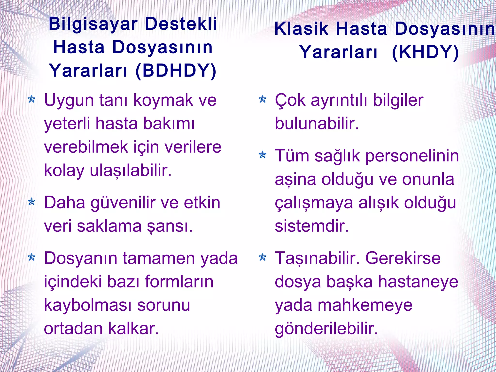 Bilgisayar Destekli        Klasik Hasta Dosyasının
Hasta Dosyasının              Yararları (KHDY)
Yararları (BDHDY)
Uygun tanı koymak ve       Çok ayrıntılı bilgiler
yeterli hasta bakımı       bulunabilir.
verebilmek için verilere
                           Tüm sağlık personelinin
kolay ulaşılabilir.
                           aşina olduğu ve onunla
Daha güvenilir ve etkin    çalışmaya alışık olduğu
veri saklama şansı.        sistemdir.
Dosyanın tamamen yada      Taşınabilir. Gerekirse
içindeki bazı formların    dosya başka hastaneye
kaybolması sorunu          yada mahkemeye
ortadan kalkar.            gönderilebilir.
 