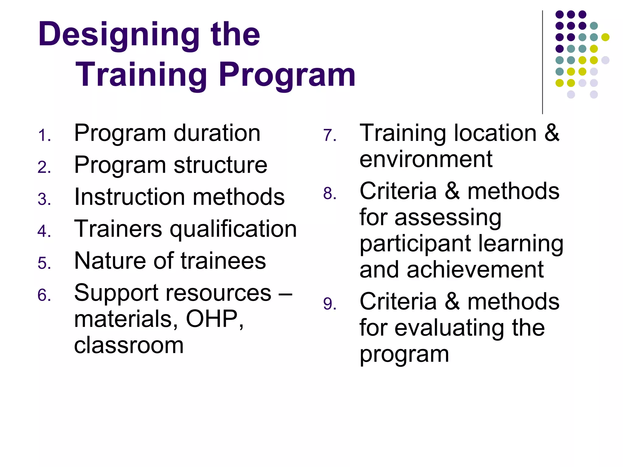 Designing the 
Training Program 
1. Program duration 
2. Program structure 
3. Instruction methods 
4. Trainers qualification 
5. Nature of trainees 
6. Support resources – 
materials, OHP, 
classroom 
7. Training location & 
environment 
8. Criteria & methods 
for assessing 
participant learning 
and achievement 
9. Criteria & methods 
for evaluating the 
program 
 