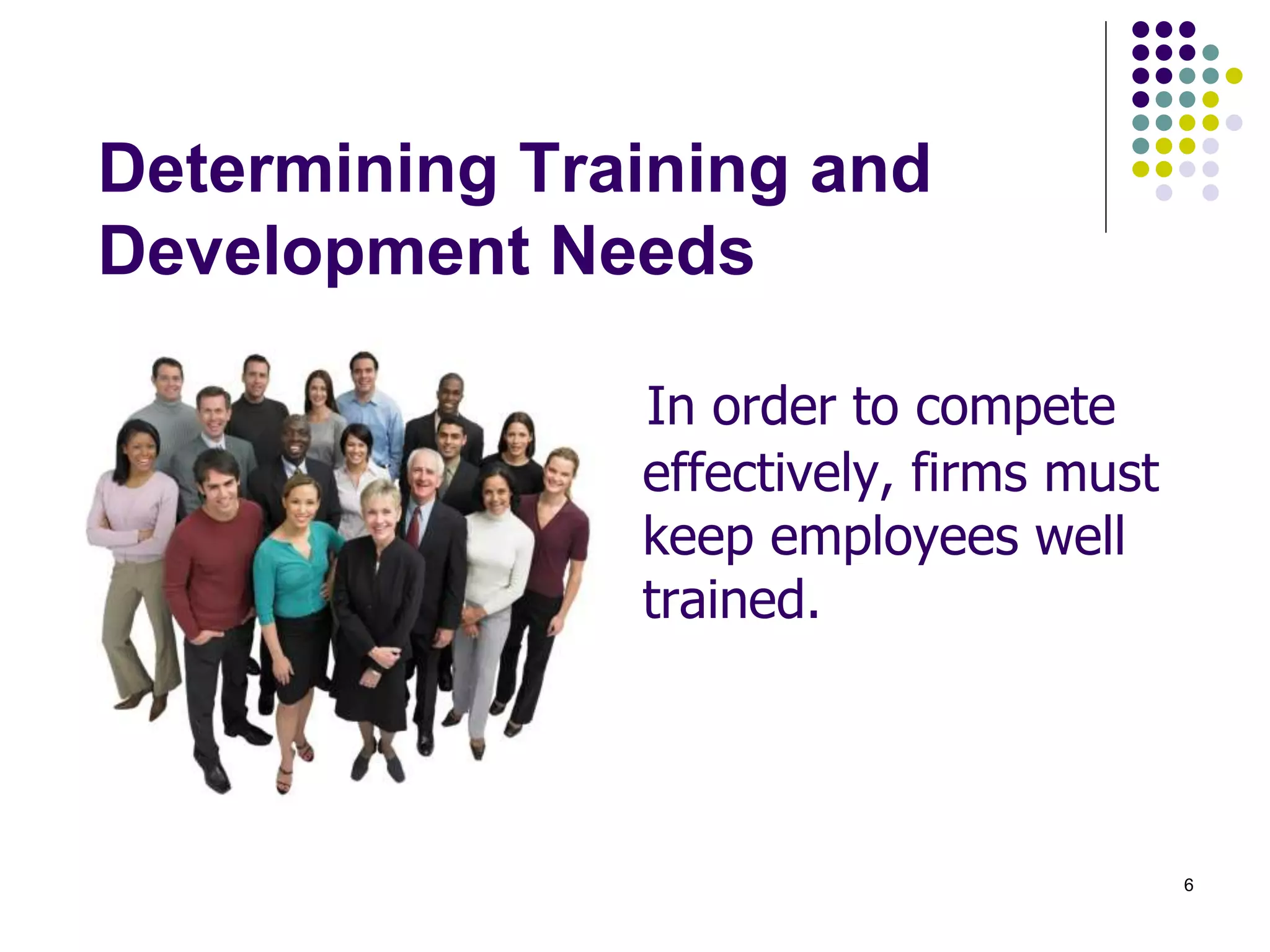 6 
Determining Training and 
Development Needs 
In order to compete 
effectively, firms must 
keep employees well 
trained. 
 