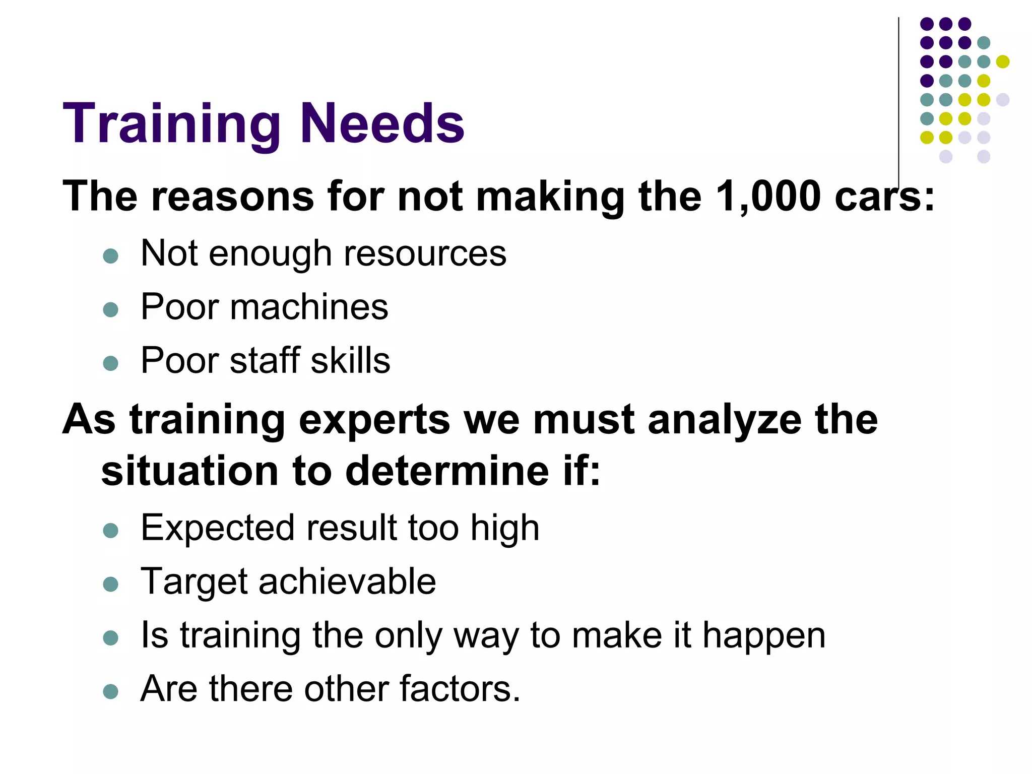 Training Needs 
The reasons for not making the 1,000 cars: 
 Not enough resources 
 Poor machines 
 Poor staff skills 
As training experts we must analyze the 
situation to determine if: 
 Expected result too high 
 Target achievable 
 Is training the only way to make it happen 
 Are there other factors. 
 