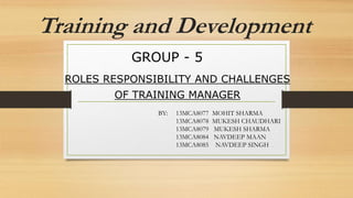 Training and Development
ROLES RESPONSIBILITY AND CHALLENGES
OF TRAINING MANAGER
GROUP - 5
13MCA8077 MOHIT SHARMA
13MCA8078 MUKESH CHAUDHARI
13MCA8079 MUKESH SHARMA
13MCA8084 NAVDEEP MAAN
13MCA8085 NAVDEEP SINGH
BY:
 