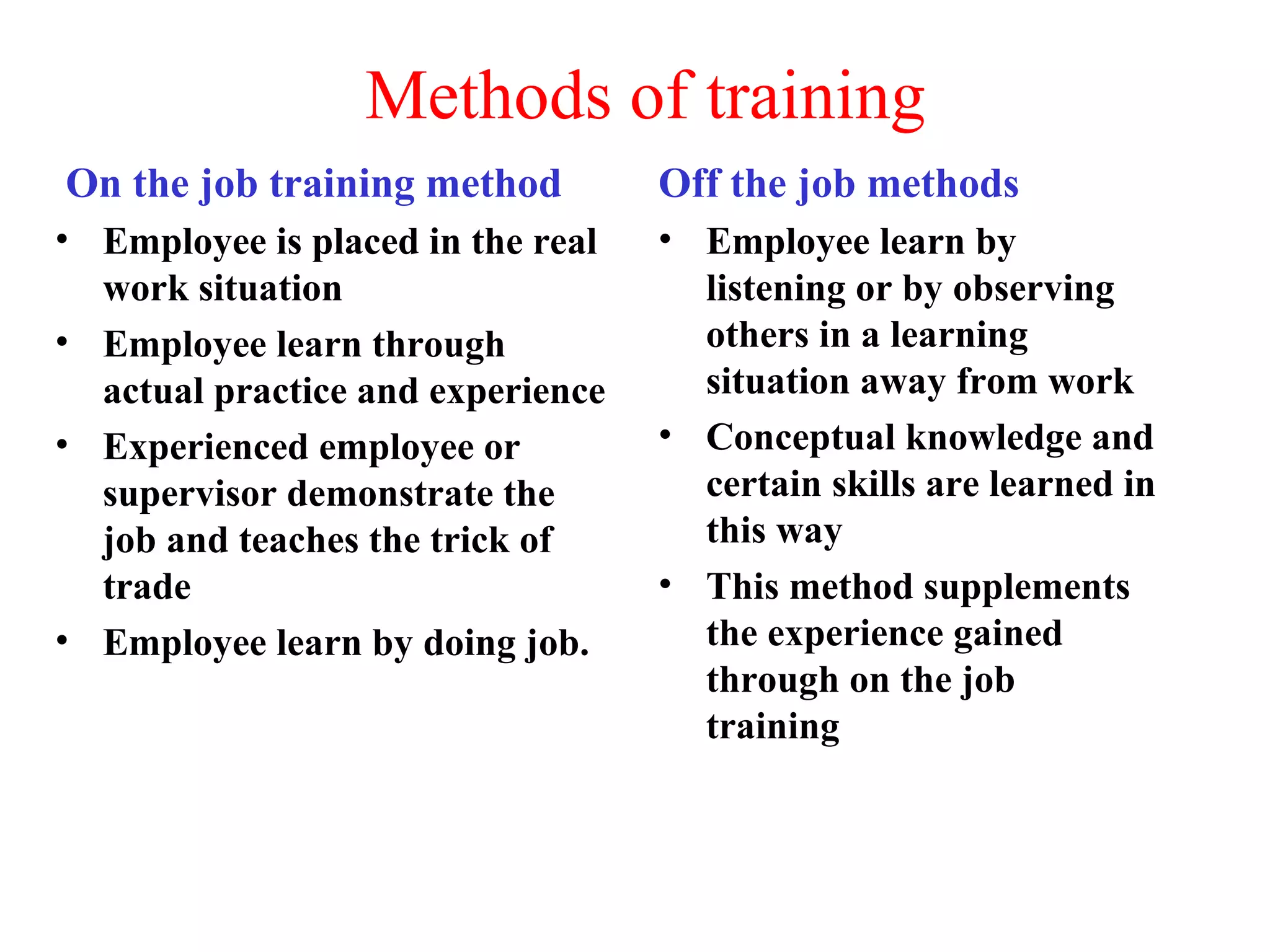 Methods of training
On the job training method
• Employee is placed in the real
work situation
• Employee learn through
actual practice and experience
• Experienced employee or
supervisor demonstrate the
job and teaches the trick of
trade
• Employee learn by doing job.
Off the job methods
• Employee learn by
listening or by observing
others in a learning
situation away from work
• Conceptual knowledge and
certain skills are learned in
this way
• This method supplements
the experience gained
through on the job
training
 