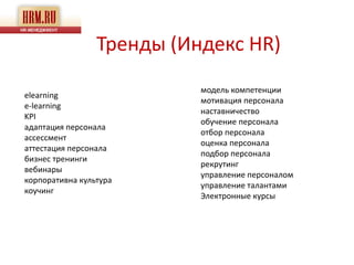 Тренды (Индекс HR)
                           модель компетенции
elearning
                           мотивация персонала
e-learning
                           наставничество
KPI
                           обучение персонала
адаптация персонала
                           отбор персонала
ассессмент
                           оценка персонала
аттестация персонала
                           подбор персонала
бизнес тренинги
                           рекрутинг
вебинары
                           управление персоналом
корпоративна культура
                           управление талантами
коучинг
                           Электронные курсы
 
