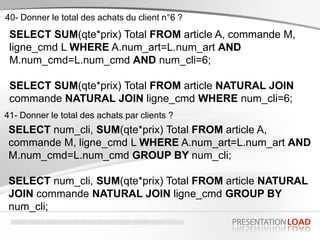 SELECT SUM(qte*prix) Total FROM article A, commande M,
ligne_cmd L WHERE A.num_art=L.num_art AND
M.num_cmd=L.num_cmd AND n...