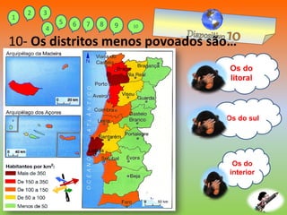 Os do
interior
Os do sul
Os do
litoral
10- Os distritos menos povoados são…
1
2 3
4
5 6 7 8 9 10
 