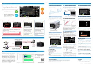 Recommended Operating Environment
CPU:	 2nd generation Intel®
Core™
i5,
	 3.0GHz or faster
OS:	 Windows 10
Memory:	4GB or more
5-2 Linearization calibration function*
9-1 EXT. TERMINAL check
Possible to check the control I/O signal status,
which can be used for wiring checks and others.
9-2 Multilingual support
Languages can be switched among Japanese,
English, Chinese*, and Korean*.
9-3 Screen BMP function
The contents displayed on the home screen can
be saved and exported as a bitmap image.
9-4
Compliance of various regulations
and standards
CE, UL (TBA),
FCC (TBA)
9-5 Support for date and time settings
The date and time are recorded along with the
measurement results.
Color Graphics Digital Indicator
TD-9000T
Switchable display between
“Graph ⇄ Numeric” modes
Press-fitting machine
PC
PLC
RS-232C
CC-Link＊
EtherNet/IP＊
(options)
SDHC card
USB
Calibration information
High-speed processing 25000 times/sec Intelligent calibration functions Judgment result display function
Load cell diagnostic functions
Useful functions
Compact + Large touchscreen
Displacement input is a standard feature
Data saving functions
Output functions
Realizing more reliable measurement without
missing momentary changes.
The data you care about can be checked on the
spot with the judgment result.
Communication options*
A variety of fieldbuses are available as options to support various systems.
l	Ethernet/IP (scheduled for the first half of 2021)
l	CC-Link (scheduled for the second half of 2021)
Power option
AC adapter
l PA-91	 (AC100 to 240V, compliant to the safety
	 standards of Japan and North America)
Download site
https://loadcell.jp/td-9000t/
Functions with * will be supported in sequence.
Free download from the Web
6-1 Built-in memory saving (up to 70)
Not only measurement values, but also waveforms
and judgment results are saved in the main unit
memory. The saved data can be used for judgment
settings of other measurements.
Dedicated offline data viewer TD-View
TD-View is software that displays and statistically
analyzes the data recorded on the SD/SDHC card
on a personal computer. It shows its true ability in
statistical process control. Displayable contents
vary depending on hold mode and others. Not
merely individual measurement data (Time-Load,
Time-Displacement, Displacement-Load), but also
trends and histograms of OK/NG judgment points
for the entire list and statistically calculated values
(Data, OK/NG Count, Average, Maximum, Minimum,
Variance, S.D, Fluct., Cp) are displayed.
A 4.3-inch wide touchscreen monitor is mounted
on a general-purpose 92 x92mm panel mounting
hole size.
Supporting pulse input (A/B phase or A phase,
differential square wave (RS-422 compliant)) and
voltage input ±5.2V. Not just Time-Load but
also Displacement-Load management is
possible.
4-1 Analog output
l	Voltage output: 0 to ±10V
l	Current output: 4 to 20mA
4-2 Digital output
l	RS-232C
l	USB
　RS-232C and USB cannot be used at the same time.
5-1 TEDS function (Sensor Plug and Play)
Realizing sensitivity automatic calibration by
supporting TEDS. Contributing to reducing
complicated procedures and
management in calibration.
6-2 Equipped with SD card drive
Measurement data, setting information, judgment
results (OK/NG, judgment values) and others are
saved in CSV format on the SD card, which can
be verified with your spreadsheet software.
*	One (1) data size approx. 30KB-60KB
*	
Data is processed and recorded for 2240 dots on the
horizontal axis of the screen. The processing interval varies
depending on the full-scale value on the horizontal axis.
However, the judgment method value is not a processing target.
*	To ensure stable recording, use an SD/SDHC card with a capacity
of 2GB or more. Please refer to the instruction manual for details.
Compatible with IEEE1451.4 (V1.0), support for
4K-bit products, Class 2 mixed-mode interface
8-1 Static strain display
The function can investigate defects such as load
cell deterioration and plastic deformation.
8-2 Disconnection detection
Also, the disconnection detection allows to check
the location of the load cell disconnection.
By linearly interpolating between any five points,
an output with little error close to the output
characteristics can be obtained.
General linearity error
Judgment by both
load and displacement
Linearization calibration
reduces errors.
100%
Calibration curve
Error
Reference straight line
0 0
Display
example
4.3-inch touchscreen monitor
91mm
91mm
Combination judgment
Continuous judgment Multi-zone judgment
Band judgment
Simultaneous judgment by combining band and multi-
zone judgments. Even complicated waveforms can be
judged in detail.
Values are held by judgment methods
set in respective zones.
The indicator value shows the value of
"Peak 1". The hold value to be shown
can be designated in settings.
Continuous judgment is conducted when “CONTINUE” is the status
displayed on the screen.
Support for 4 contacts of high high limit, high limit, low limit, and low
low limit. OK/NG judgment in real time for the load value
for a certain value.
OK/NG judgment in a maximum of
5 zones for one process.
Judgment in combination with
various holds (constant comparison,
sampling, peak, bottom, peak to peak,
average value, maximum/minimum and
inflection point).
OK/NG judgment by comparing
a measurement value with a
reference curve having high
and low ranges. The increase or
decrease of the load to changes in
time and displacement is judged
by a series of flows.
Band setting with saved waveform
and measurement waveform
Up to five zone designations.
Zone switching from external input
is also possible.
Bottom
Inflection
point
Peak
1
1
2
3
4
5
Notification by beep sound in addition to the display
1 5 7
8
9
2
3
6
4
NG is shown in red Deviation points are shown in red
Peak
2
Load cell
Displacement sensor
Waveform judgment in real time Features
Options
System configuration
Software
 