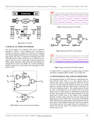 IJRET: International Journal of Research in Engineering and Technology eISSN: 2319-1163 | pISSN: 2321-7308
__________________________________________________________________________________________
Volume: 03 Issue: 05 | May-2014, Available @ http://www.ijret.org 336
Fig. 2 Basic TD-AMS
2. DIGITAL TO TIME CONVERTER
The circuit diagram of a single-bit DTC and its operation
principle are shown in Fig.3 Digital-to-time conversion is
realized by selecting a signal from delayed or non-delayed
time-domain Signals originated from clk according to a digital
input signal. The DTC is composed of unit delay cells with
Tdel delay (DELs), NORs, and inverters [1]. When Din is low,
node B stays low and a rising edge of passes through two
NORs. On the other hand, when is high, the rising edge passes
through DEL as well as two NORs. As a result, according to
whether is high or low, the timing of the rising edge of varies
Dout by Tdel.
Fig 3 Digital to time converter circuit diagram
Fig 4 Timing waveform for 1bit DTC
Fig 5 Proposed 3bit DTC circuit diagram
Fig 6 Timing waveform for 3bit DTC diagram
A multi-bit DTC is composed of cascaded single bit DTCs
with binary weighted numbers of DELs. For example 3bit
3. CONVENTIONAL TDC AND ITS OPERATION
The operating principle of a TDC based on a digital delay line.
The reference clock which is in a more general sense an
arbitrary start signal is delayed along the delay-line. On the
arrival of the stop signal the delayed versions of the input
signal are sampled in parallel. Either latches or flip-flops can
be used as sampling elements. The sampling process freezes
the state of the delay-line at the instance where the clock
signal occurs [7].These results in a thermometer code because
all delay stages which have been already passed by the start
signal give a HIGH value at the outputs of the sampling
elements, all delay stages which have not been passed by the
input signal yet give a LOW value. The position of the HIGH-
LOW transition in this thermometer code indicates how far the
input signal could propagate during the time interval spanned
by the input and the clock signal. Hence this transition is a
measure for the time interval .An excellent style manual for
science writers is [7].
 