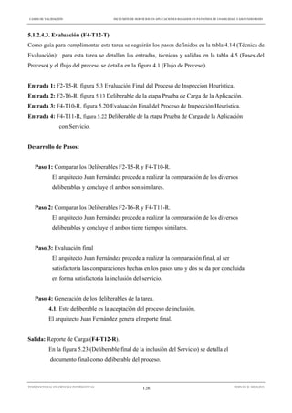 CASOS DE VALIDACIÓN INCLUSIÓN DE SERVICIOS EN APLICACIONES BASADOS EN PATRONES DE USABILIDAD. CASO UNDO/REDO
TESIS DOCTORAL EN CIENCIAS INFORMÁTICAS HERNÁN D. MERLINO
126
5.1.2.4.3. Evaluación (F4-T12-T)
Como guía para cumplimentar esta tarea se seguirán los pasos definidos en la tabla 4.14 (Técnica de
Evaluación); para esta tarea se detallan las entradas, técnicas y salidas en la tabla 4.5 (Fases del
Proceso) y el flujo del proceso se detalla en la figura 4.1 (Flujo de Proceso).
Entrada 1: F2-T5-R, figura 5.3 Evaluación Final del Proceso de Inspección Heurística.
Entrada 2: F2-T6-R, figura 5.13 Deliberable de la etapa Prueba de Carga de la Aplicación.
Entrada 3: F4-T10-R, figura 5.20 Evaluación Final del Proceso de Inspección Heurística.
Entrada 4: F4-T11-R, figura 5.22 Deliberable de la etapa Prueba de Carga de la Aplicación
con Servicio.
Desarrollo de Pasos:
Paso 1: Comparar los Deliberables F2-T5-R y F4-T10-R.
El arquitecto Juan Fernández procede a realizar la comparación de los diversos
deliberables y concluye el ambos son similares.
Paso 2: Comparar los Deliberables F2-T6-R y F4-T11-R.
El arquitecto Juan Fernández procede a realizar la comparación de los diversos
deliberables y concluye el ambos tiene tiempos similares.
Paso 3: Evaluación final
El arquitecto Juan Fernández procede a realizar la comparación final, al ser
satisfactoria las comparaciones hechas en los pasos uno y dos se da por concluida
en forma satisfactoria la inclusión del servicio.
Paso 4: Generación de los deliberables de la tarea.
4.1. Este deliberable es la aceptación del proceso de inclusión.
El arquitecto Juan Fernández genera el reporte final.
Salida: Reporte de Carga (F4-T12-R).
En la figura 5.23 (Deliberable final de la inclusión del Servicio) se detalla el
documento final como deliberable del proceso.
 