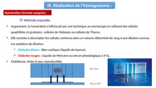 III. Réalisation de l’hémogramme :
• Auparavant, la numération s'effectuait par une technique au microscope en utilisant des cellules
quadrillées et graduées : cellules de Malassez ou cellules de Thoma.
• Elle consiste à décompter les cellules contenus dans un volume déterminé de sang à une dilution connue.
Les solutions de dilution:
 Globules blancs : Bleu acétique (liquide de lazarus).
 Globules rouges : Liquide de Mercano ou sérum physiologique à 9 ‰.
• Fastidieuse, lente et peu reproductible.
Numération formule sanguine :
 Méthode manuelle:
 