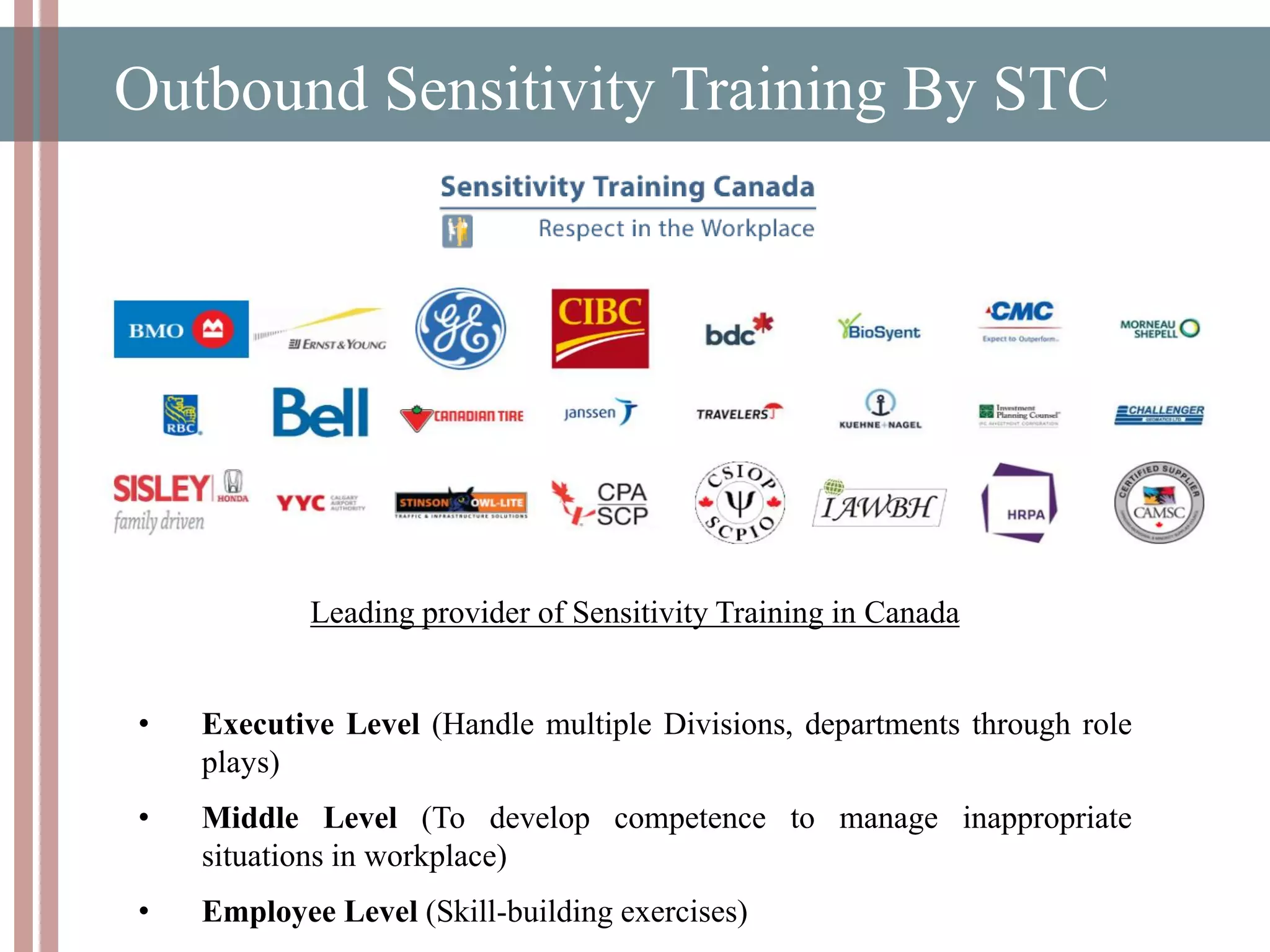 Outbound Sensitivity Training By STC
Leading provider of Sensitivity Training in Canada
• Executive Level (Handle multiple Divisions, departments through role
plays)
• Middle Level (To develop competence to manage inappropriate
situations in workplace)
• Employee Level (Skill-building exercises)
 
