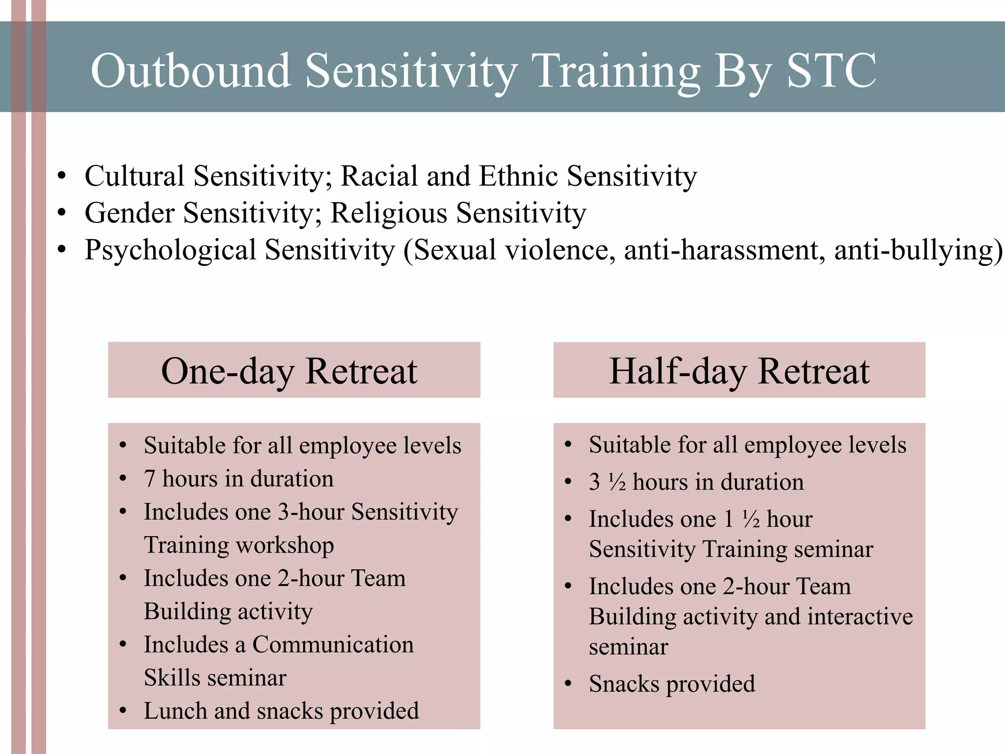 Outbound Sensitivity Training By STC
• Cultural Sensitivity; Racial and Ethnic Sensitivity
• Gender Sensitivity; Religious Sensitivity
• Psychological Sensitivity (Sexual violence, anti-harassment, anti-bullying)
• Suitable for all employee levels
• 7 hours in duration
• Includes one 3-hour Sensitivity
Training workshop
• Includes one 2-hour Team
Building activity
• Includes a Communication
Skills seminar
• Lunch and snacks provided
• Suitable for all employee levels
• 3 ½ hours in duration
• Includes one 1 ½ hour
Sensitivity Training seminar
• Includes one 2-hour Team
Building activity and interactive
seminar
• Snacks provided
One-day Retreat Half-day Retreat
 
