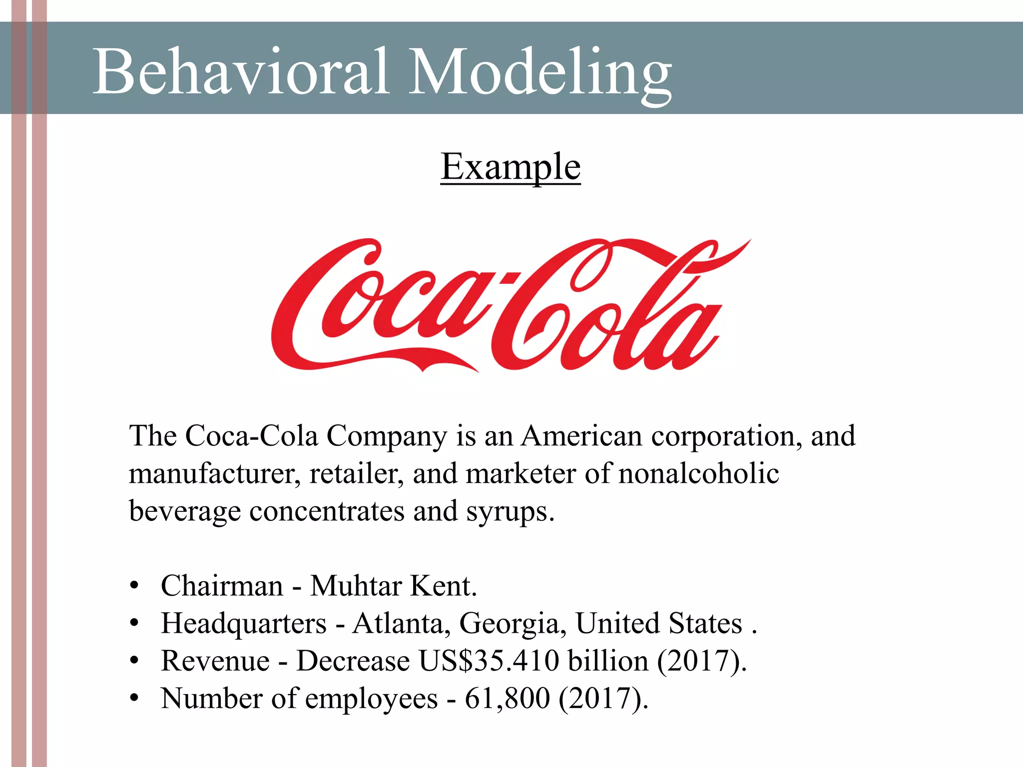 Behavioral Modeling
The Coca-Cola Company is an American corporation, and
manufacturer, retailer, and marketer of nonalcoholic
beverage concentrates and syrups.
• Chairman - Muhtar Kent.
• Headquarters - Atlanta, Georgia, United States .
• Revenue - Decrease US$35.410 billion (2017).
• Number of employees - 61,800 (2017).
Example
 