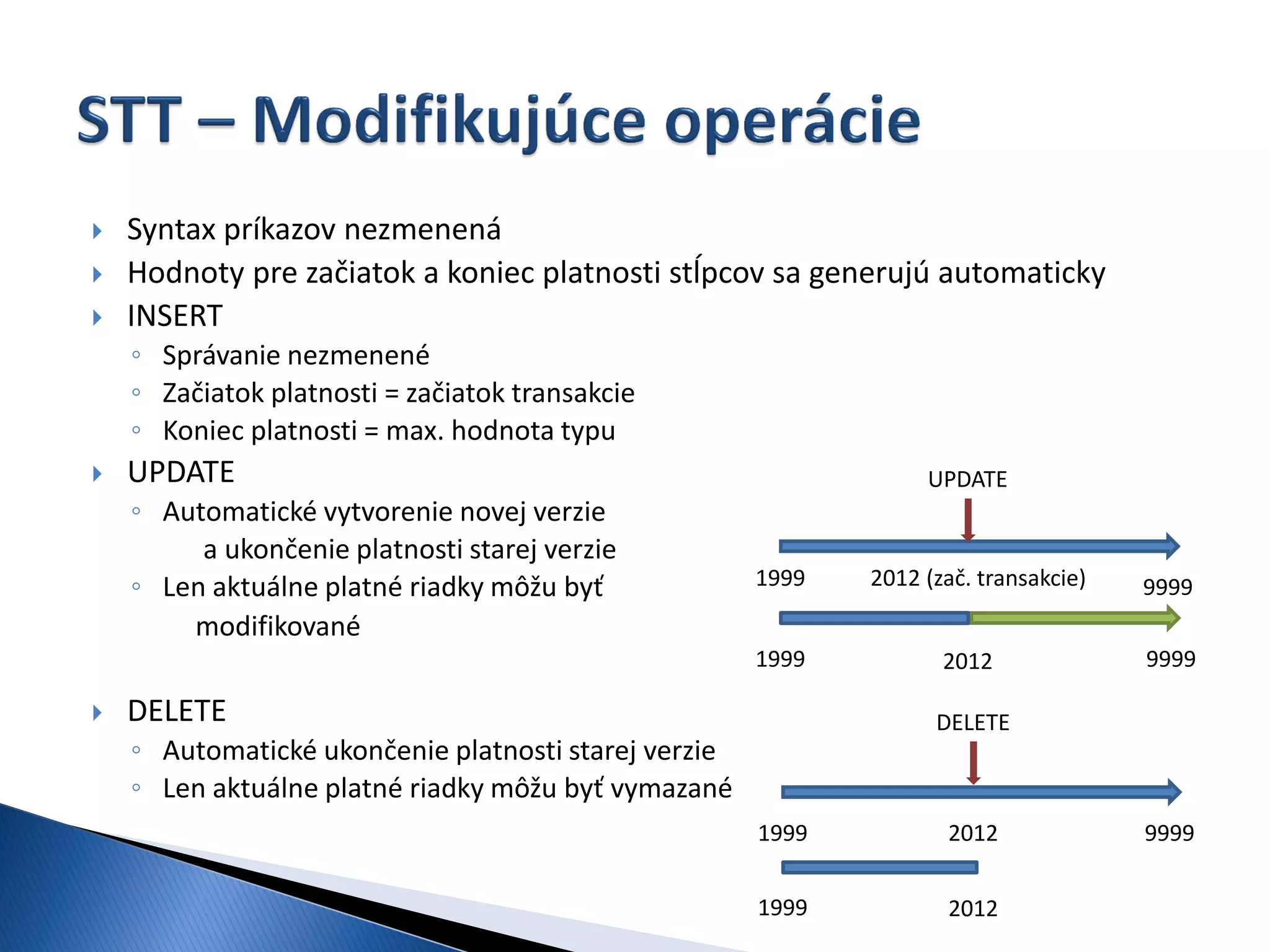    Syntax príkazov nezmenená
   Hodnoty pre začiatok a koniec platnosti stĺpcov sa generujú automaticky
   INSERT
    ◦ Správanie nezmenené
    ◦ Začiatok platnosti = začiatok transakcie
    ◦ Koniec platnosti = max. hodnota typu
   UPDATE                                                        UPDATE
    ◦ Automatické vytvorenie novej verzie
         a ukončenie platnosti starej verzie
    ◦ Len aktuálne platné riadky môžu byť             1999   2012 (zač. transakcie)   9999
        modifikované
                                                      1999          2012              9999

   DELETE                                                         DELETE
    ◦ Automatické ukončenie platnosti starej verzie
    ◦ Len aktuálne platné riadky môžu byť vymazané
                                                      1999          2012              9999


                                                      1999          2012
 